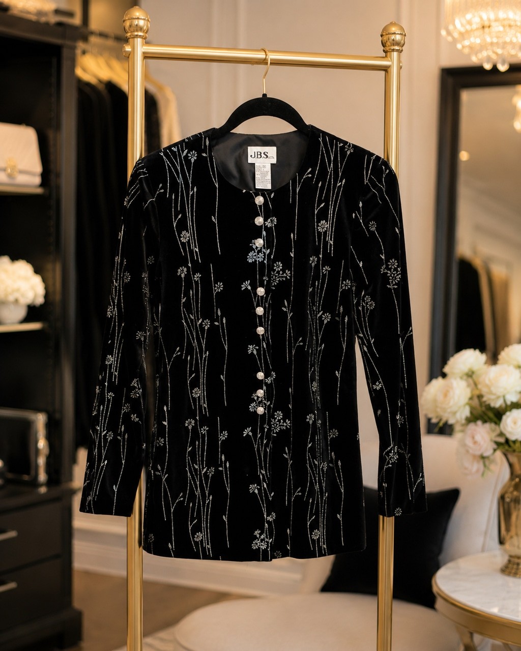 Women’s J.B.S. LTD. Beaded Floral Velvet Top, Size S, Black and Silver