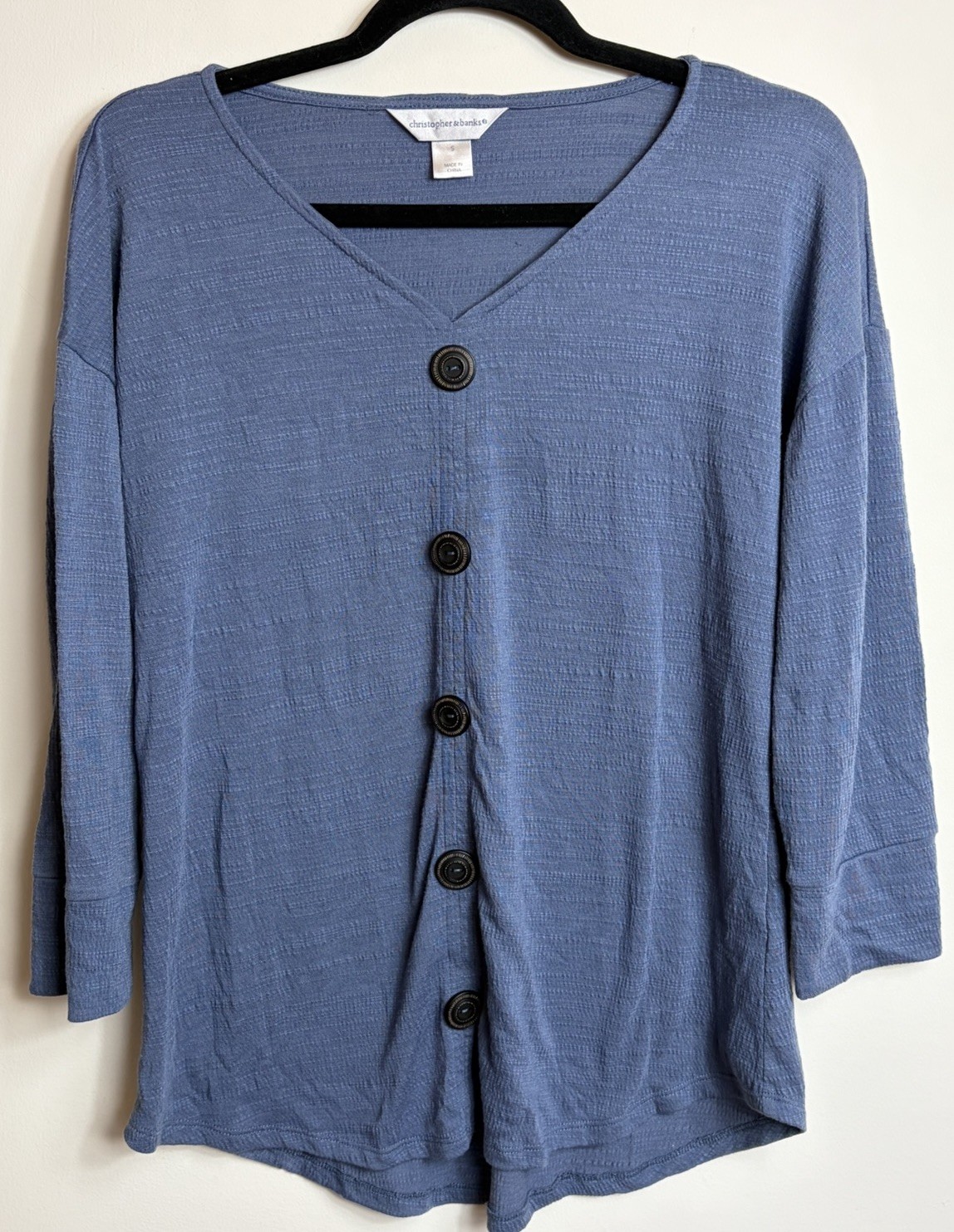 Christopher & Banks Size Small 3/4 Sleeve Drop Shoulder Smoke Blue Button Top