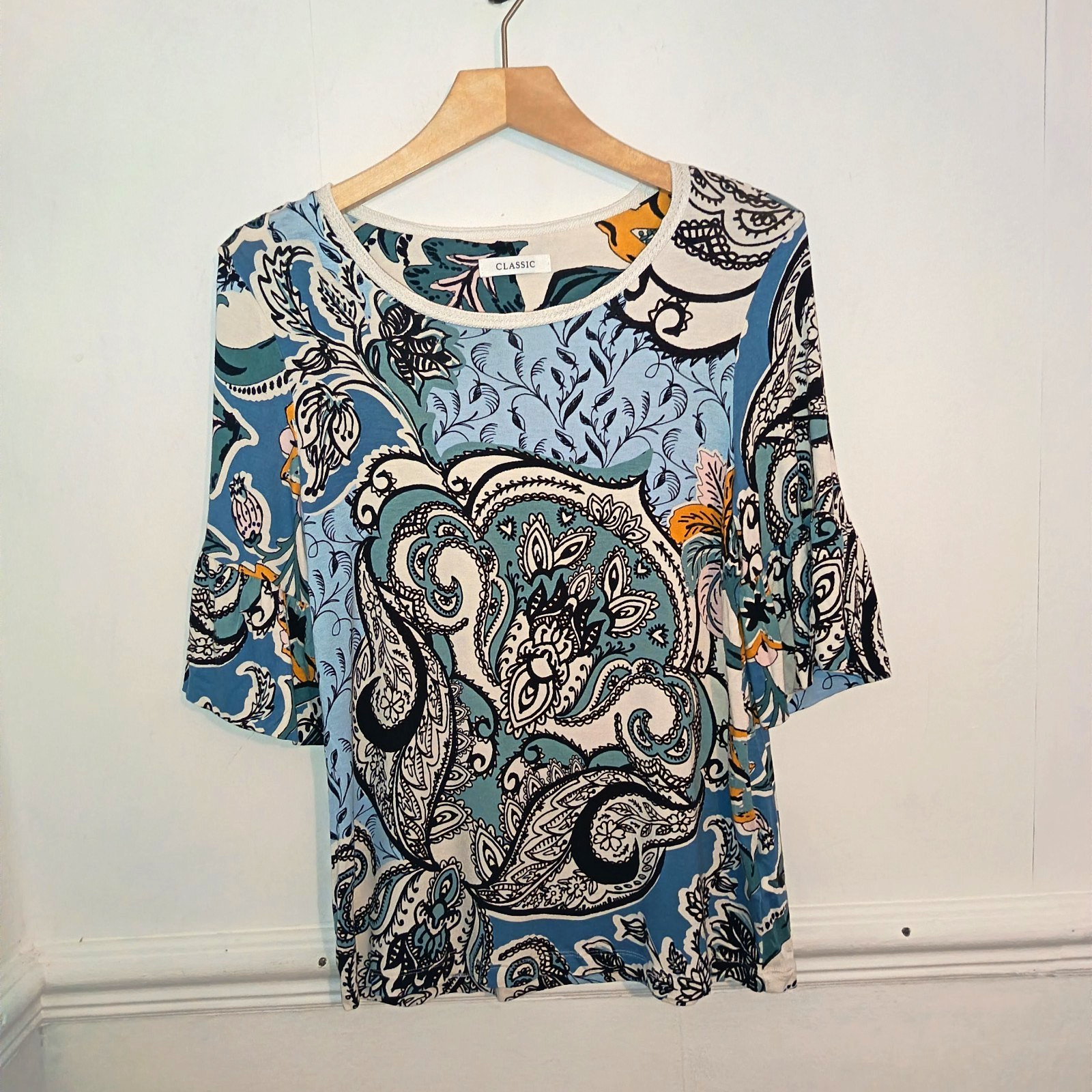 Classic Marks and Spencer Womens Top Blue Size UK 12 Yellow Print Bell Sleeve