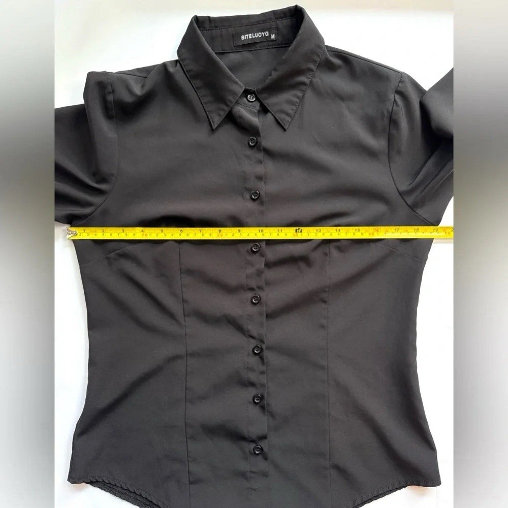 Solid Button-Up Collared Long Sleeve Shirt Top Black Size M Workwear