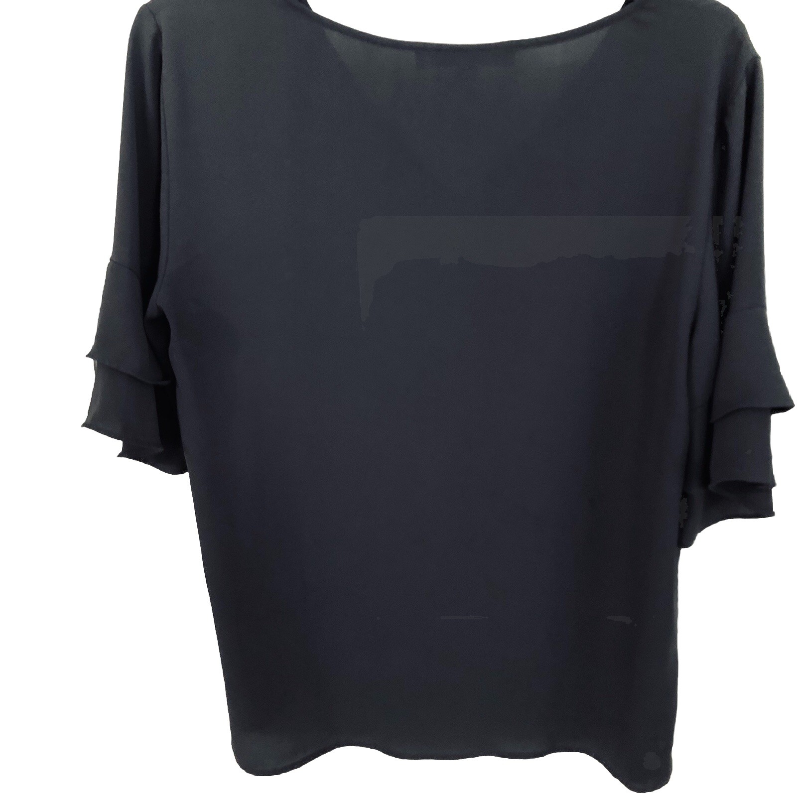 Loft Gray Blouse S,M,L Short Sleeve 2 Ruffles V-Neck Sheer Bust:40” Length:26”