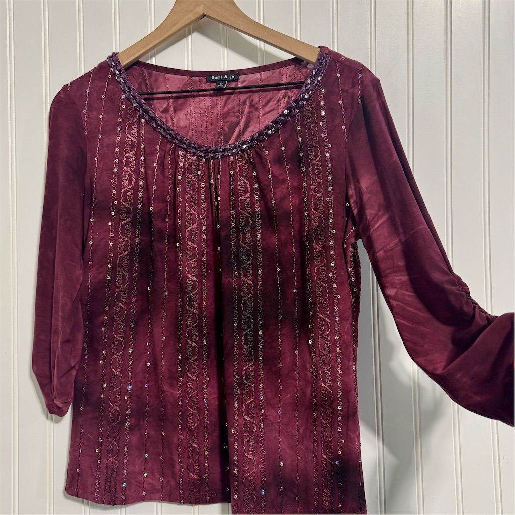 Sami & Jo Top Medium Burgundy Sequin Embellished 3/4 Sleeve Tie Dye Blouse Y2K