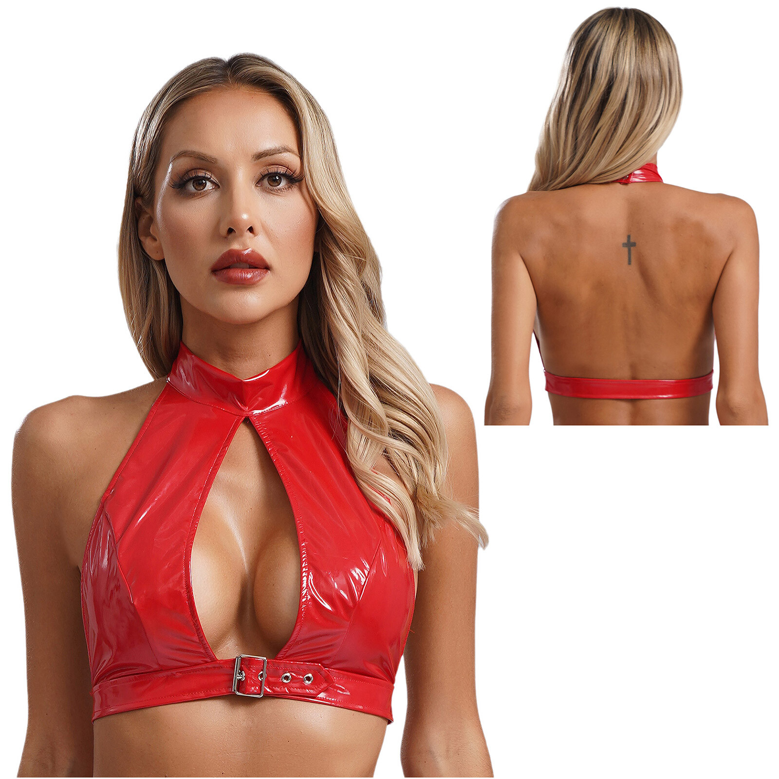 Women’s Shiny Metallic PVC Leather Halter Neck Latex Crop Top Sexy Backless Tops