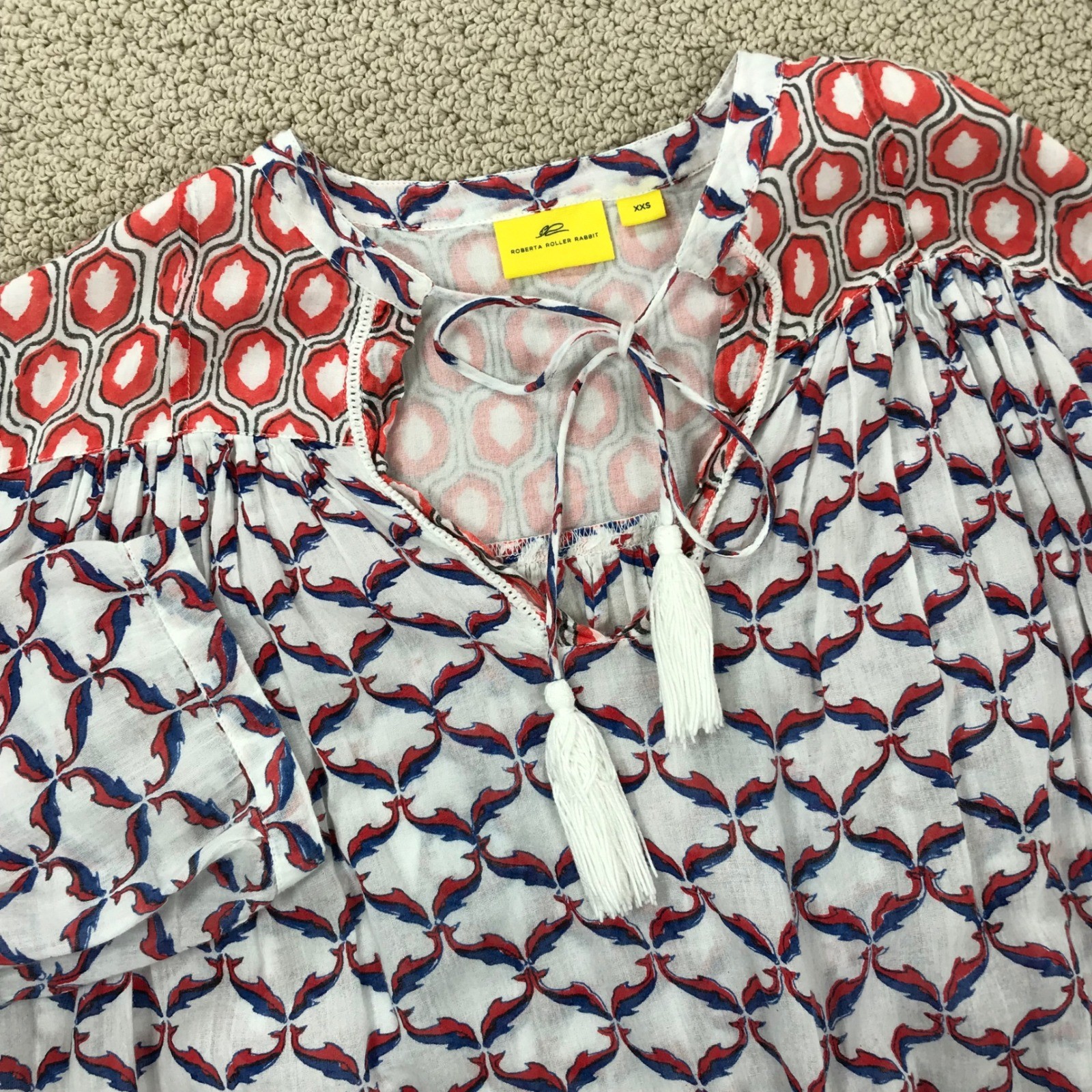 Roberta Roller Rabbit Whale Print Tunic Top XXS White Red Blue Tassel Fringe Hem