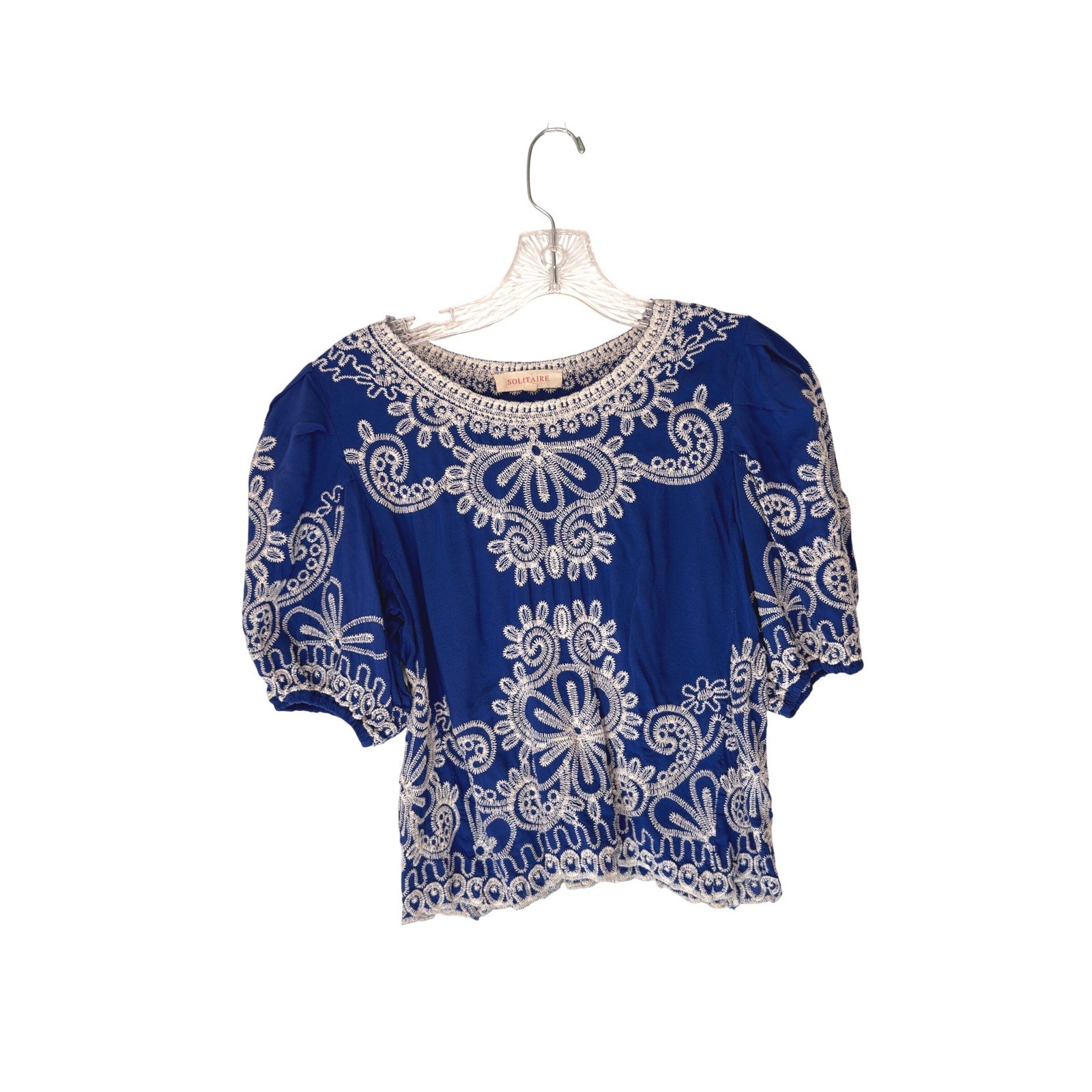 Solitaire Blouse Royal Blue Embroidered Boho Peasant Blouse Festival Small