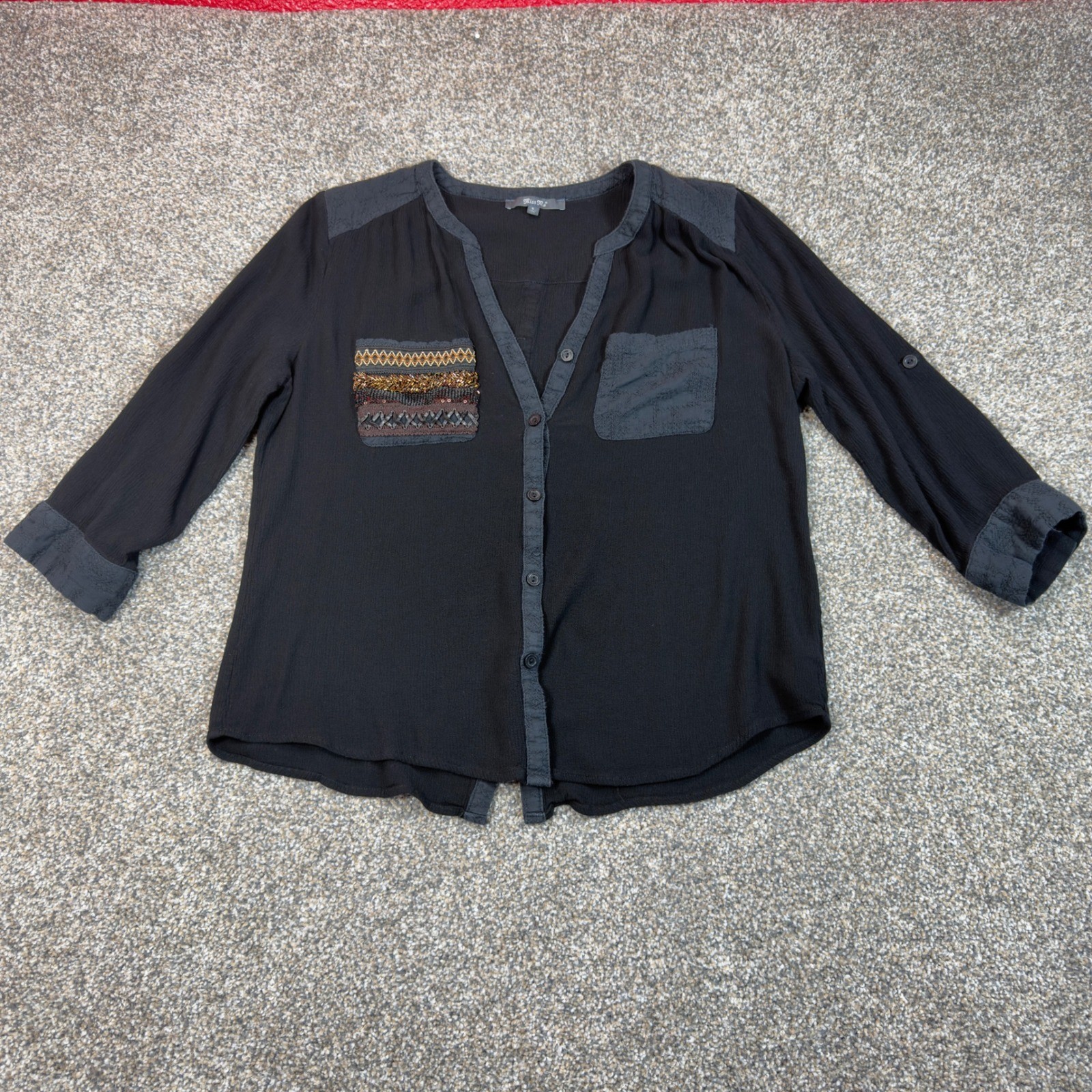 Miss Me Black Boho Embellished Button Down Blouse Roll Tab Sleeve Small Bohemian