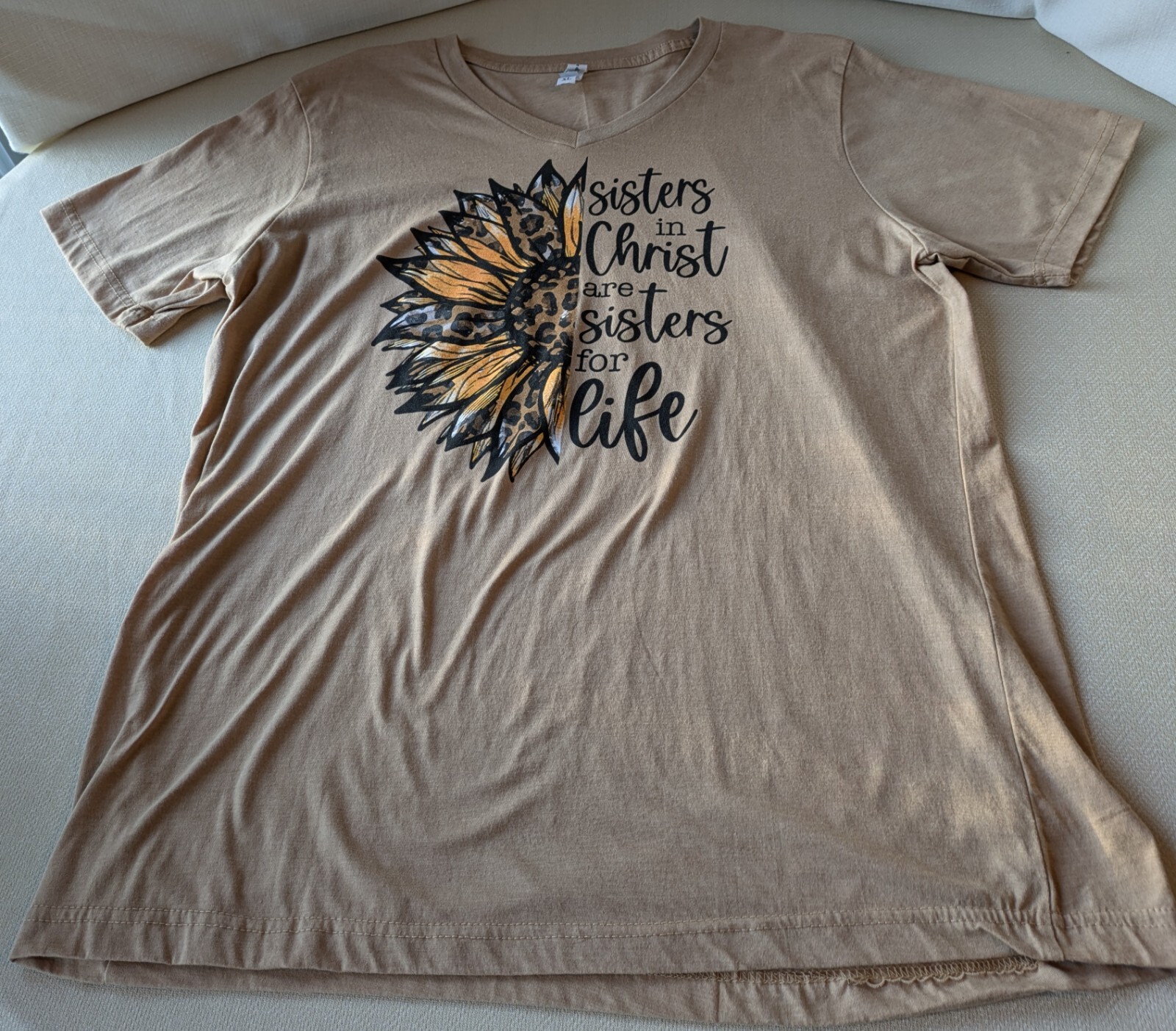Apparel Religious Womens T-Shirt “Sisters in Christ are Sisters for Life” Tan XL
