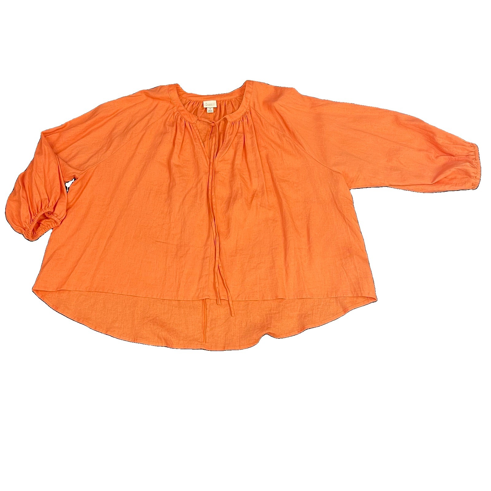 A New Day Hi Lo Orange Solid Tie Round Neck Woven Linen/Rayon Blouse Women M