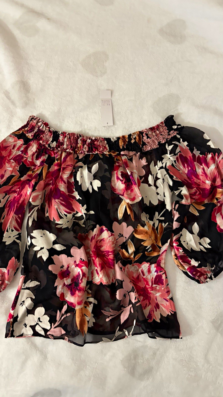 White House Black Market Women’s Floral Off-Shoulder Chiffon Smocked Blouse XS