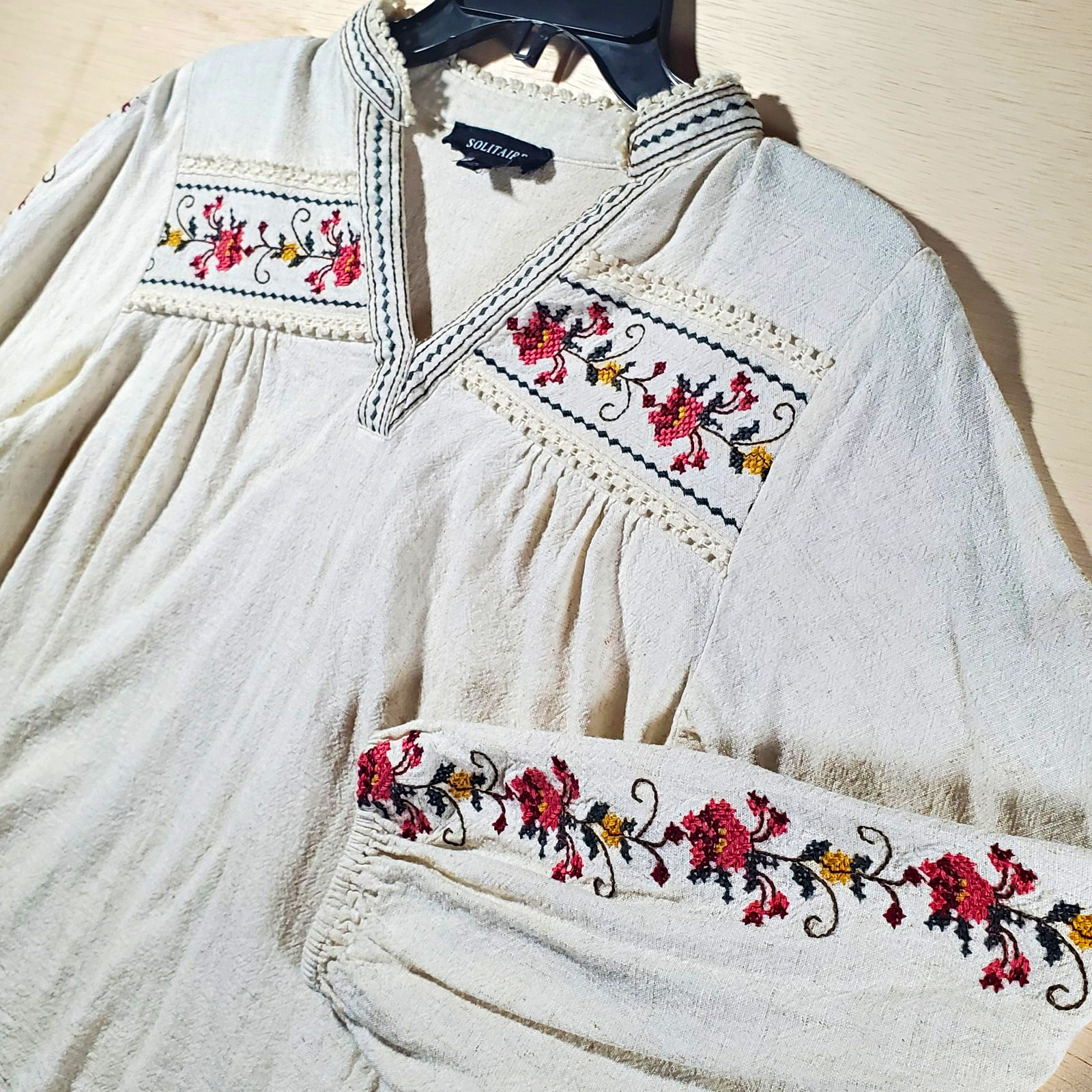 Solitaire Linen Blend Floral Embroidered Peasant Blouse V-Neck Long Sleeve Woven