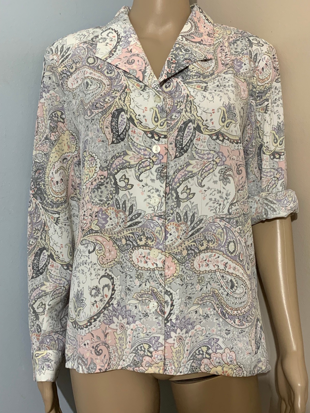ALFRED DUNNER 14P L Pink Gray Yellow Pastel Paisley Button Down SHIRT Long Sleev