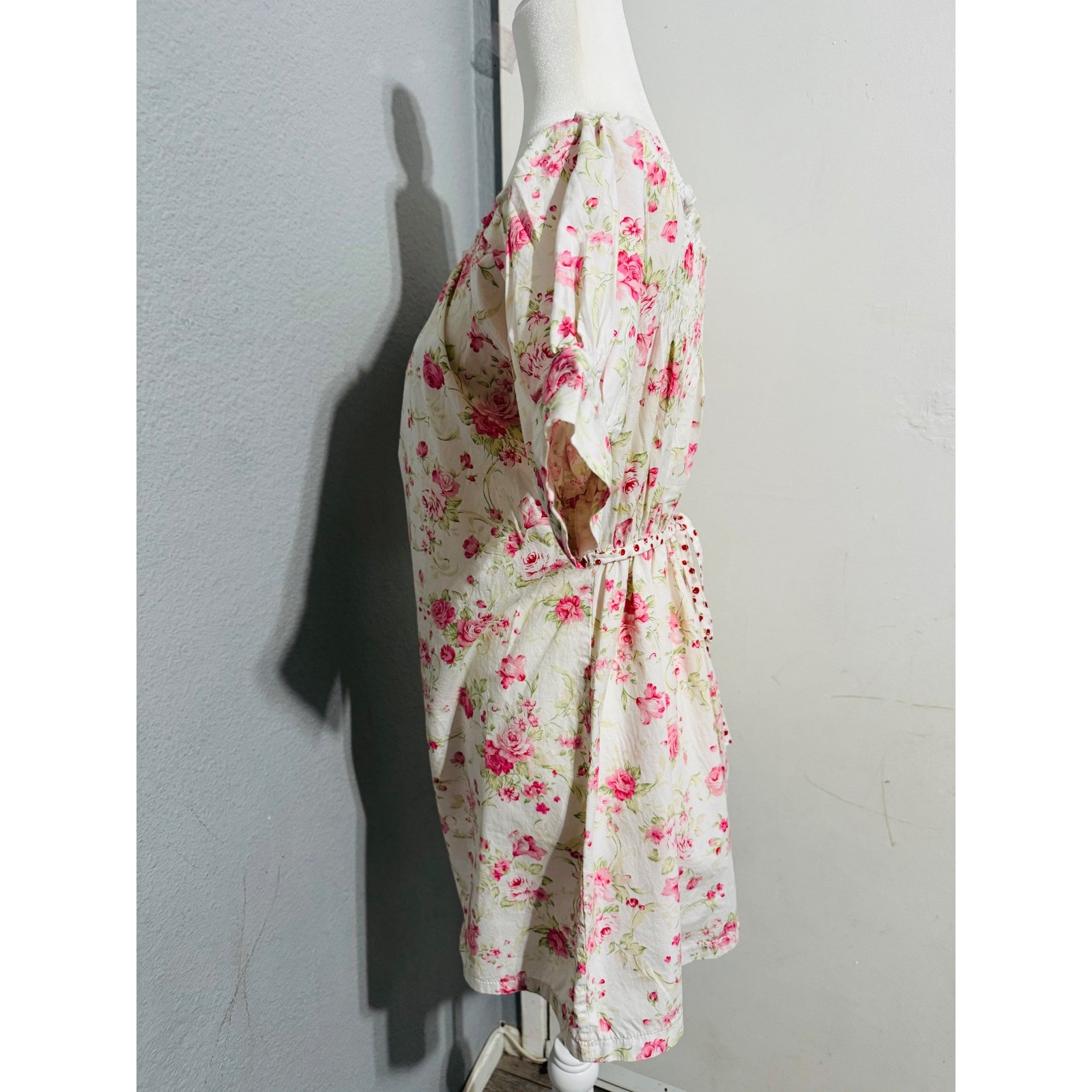 Pink Floral Rose Cottagecore Puff Sleeve Smocked Tunic Top White Pink Small