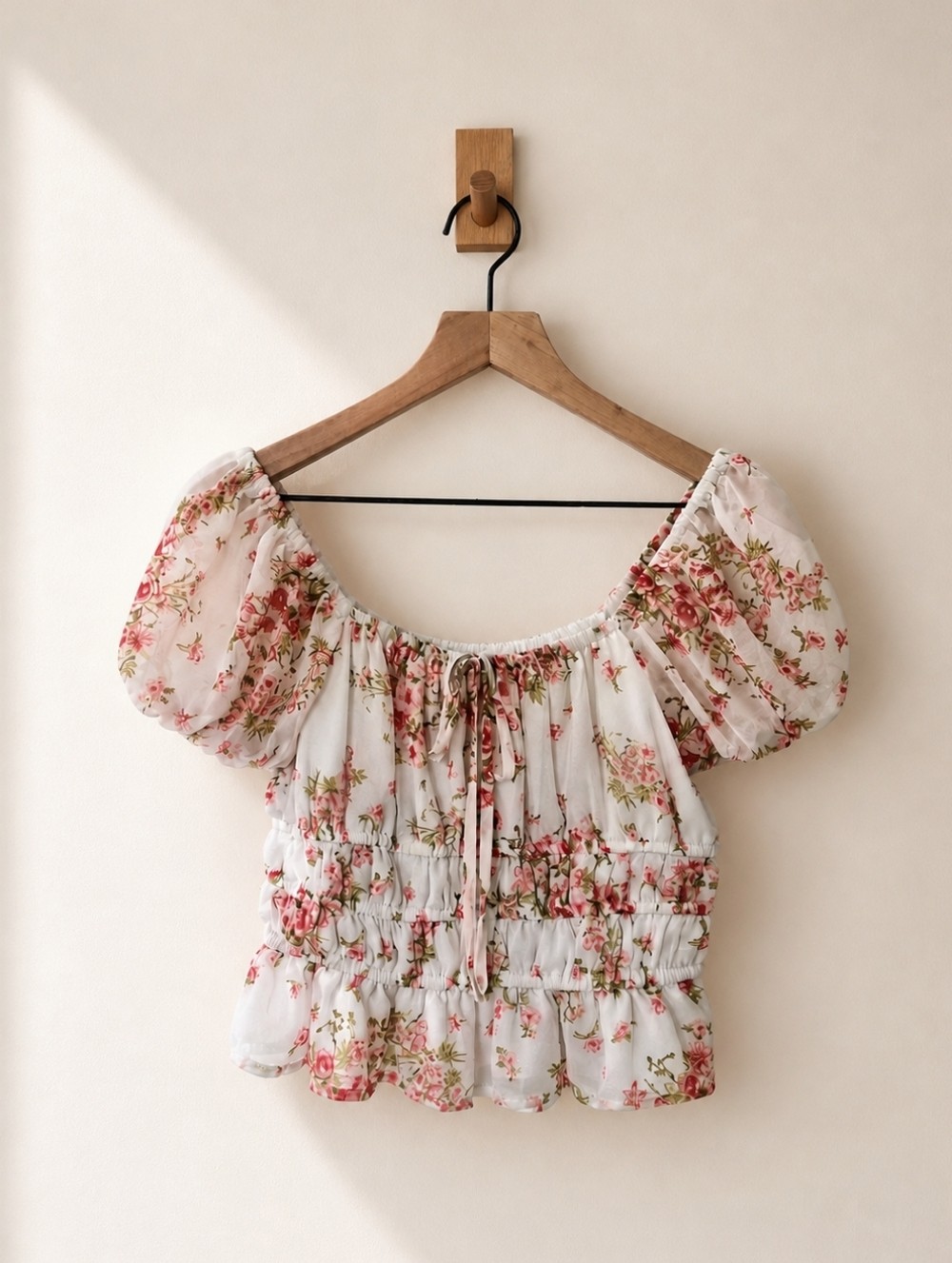 Japna Floral Smocked Puff Sleeve Off Shoulder Peasant White Pink Top Size L