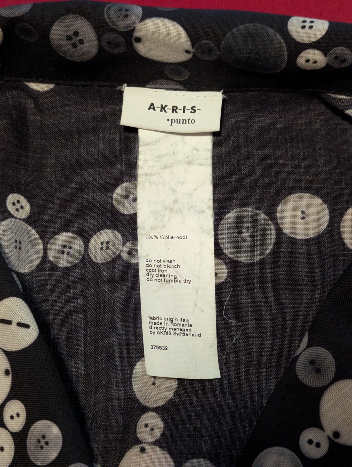 $800 Akris Punto sz 8-10 Wool Button Print Blouse Tunic Top Long Mandarin Snap