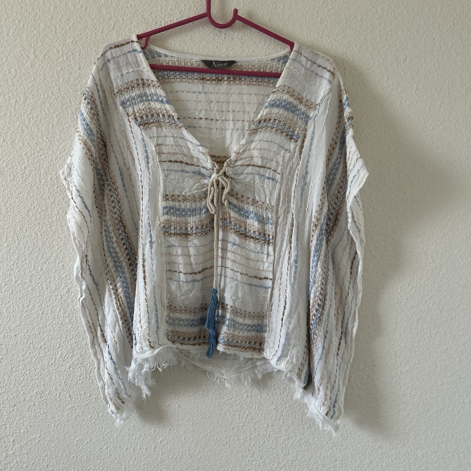Naturals Boxy Bohemian Fringe Lagenlook Woven Blouse Fit Women’s Medium White