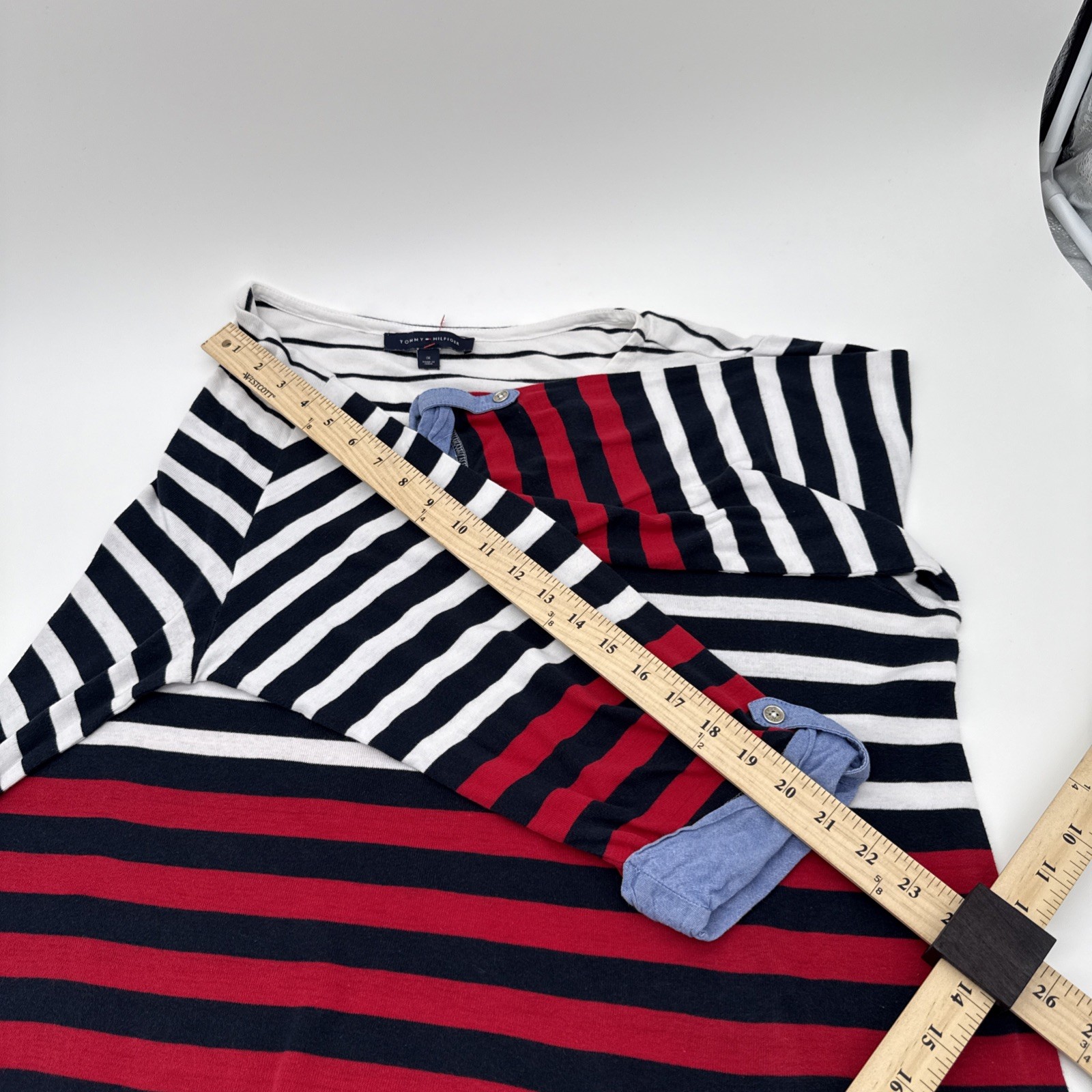 Tommy Hilfiger Womens Nautical Striped Boatneck Top Red White Blk Gold Button XL