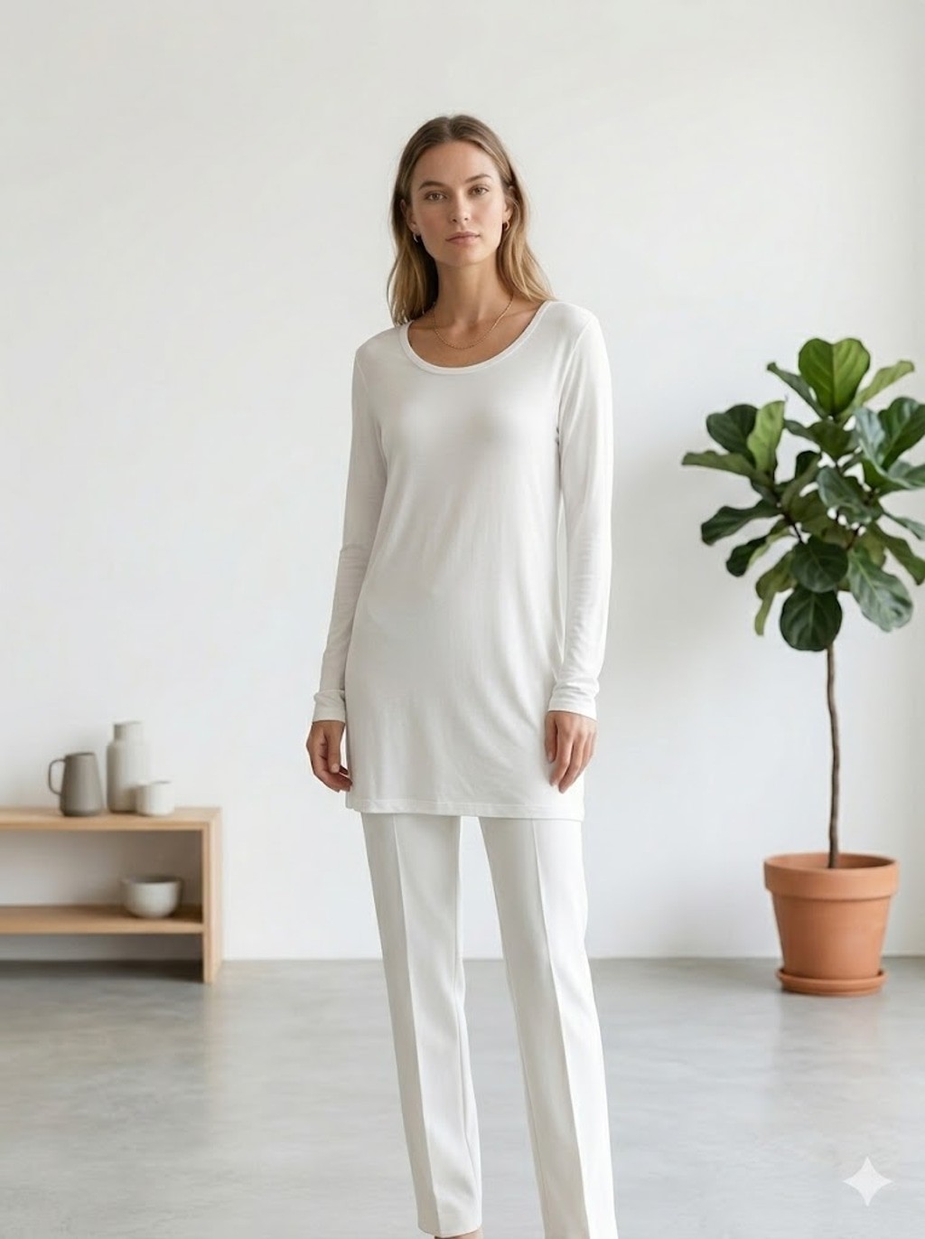 PIKO 1988 White Bamboo Spandex Long Sleeve Tunic Top Minimalist Essential
