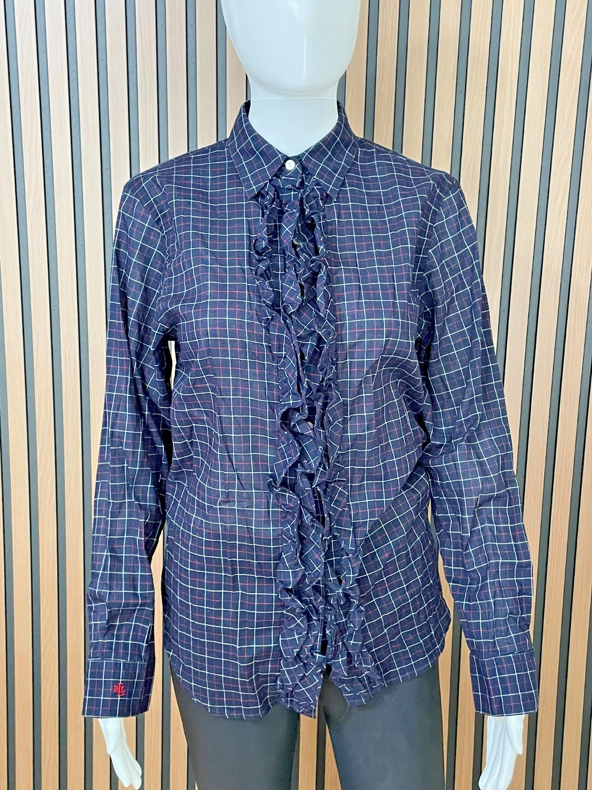 Lauren Ralph Women’s S Shirt Button Ruffle Navy Plaid Holiday Classic Blouse