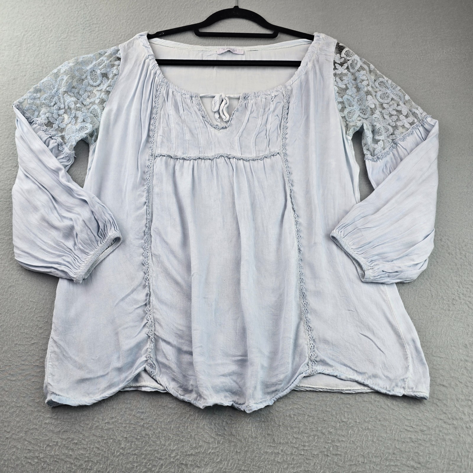 G.Ricceri Blouse Top Womens Light Ice Blue Crochet Lace Tie Neck Streetwear