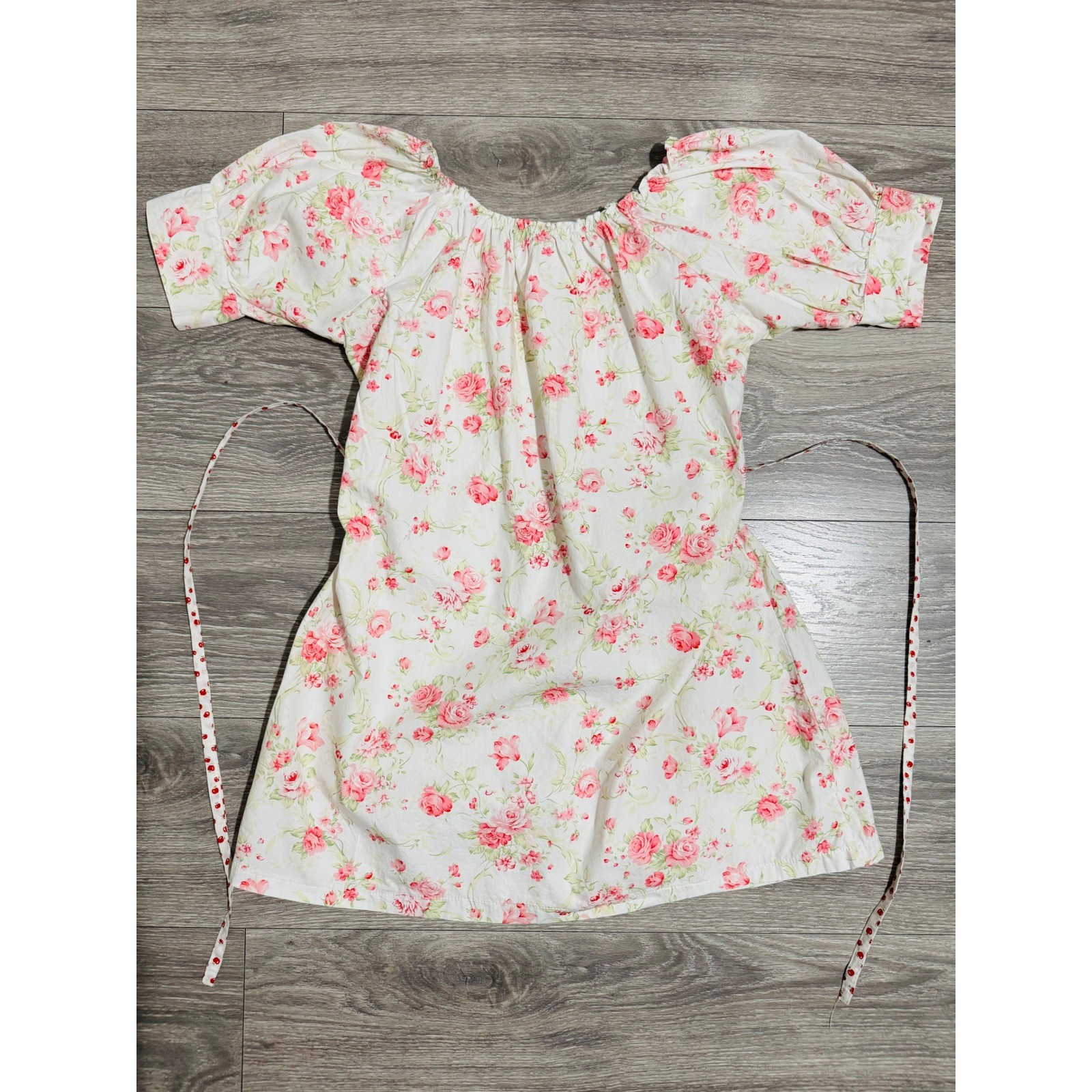 Pink Floral Rose Cottagecore Puff Sleeve Smocked Tunic Top White Pink Small