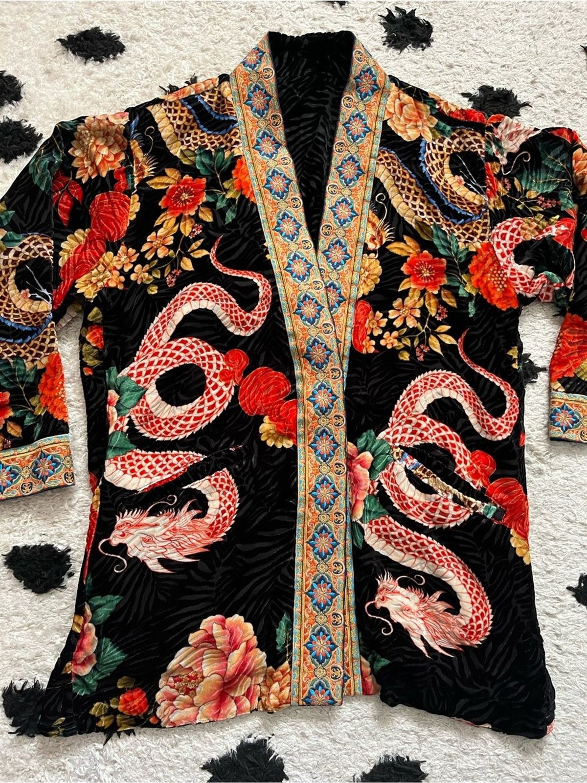 Johnny Was size XS Merhawi Kimono Black Velvet Dragon Kimono Jacket Embroidery
