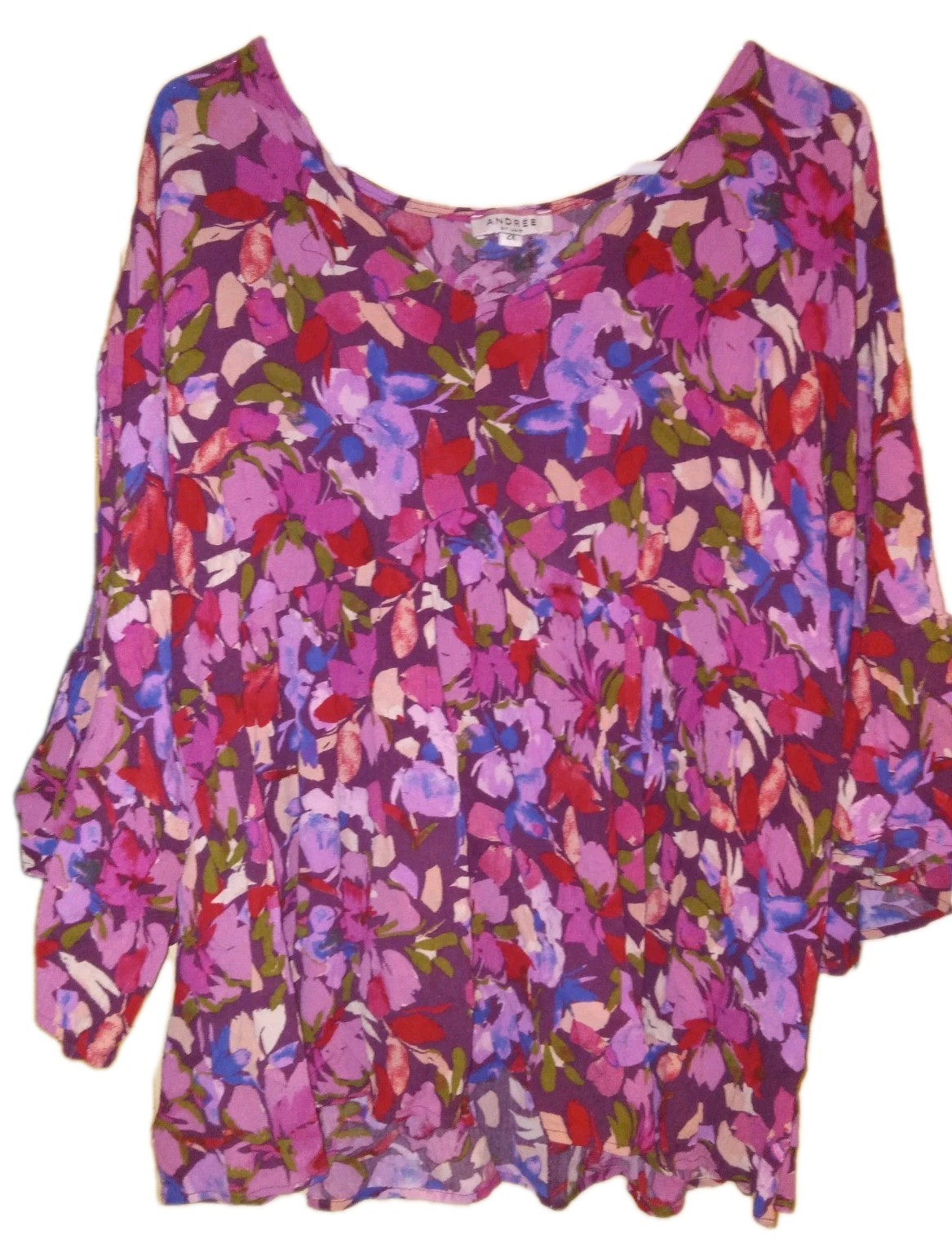 Andree By Unit Floral Tunic Top SZ 2X Bell Sleeve Swing Blouse Feminine Purple