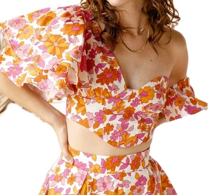Klesis Floral Puff Sleeve Crop Top Pink Orange Retro Flower Power Festival Large