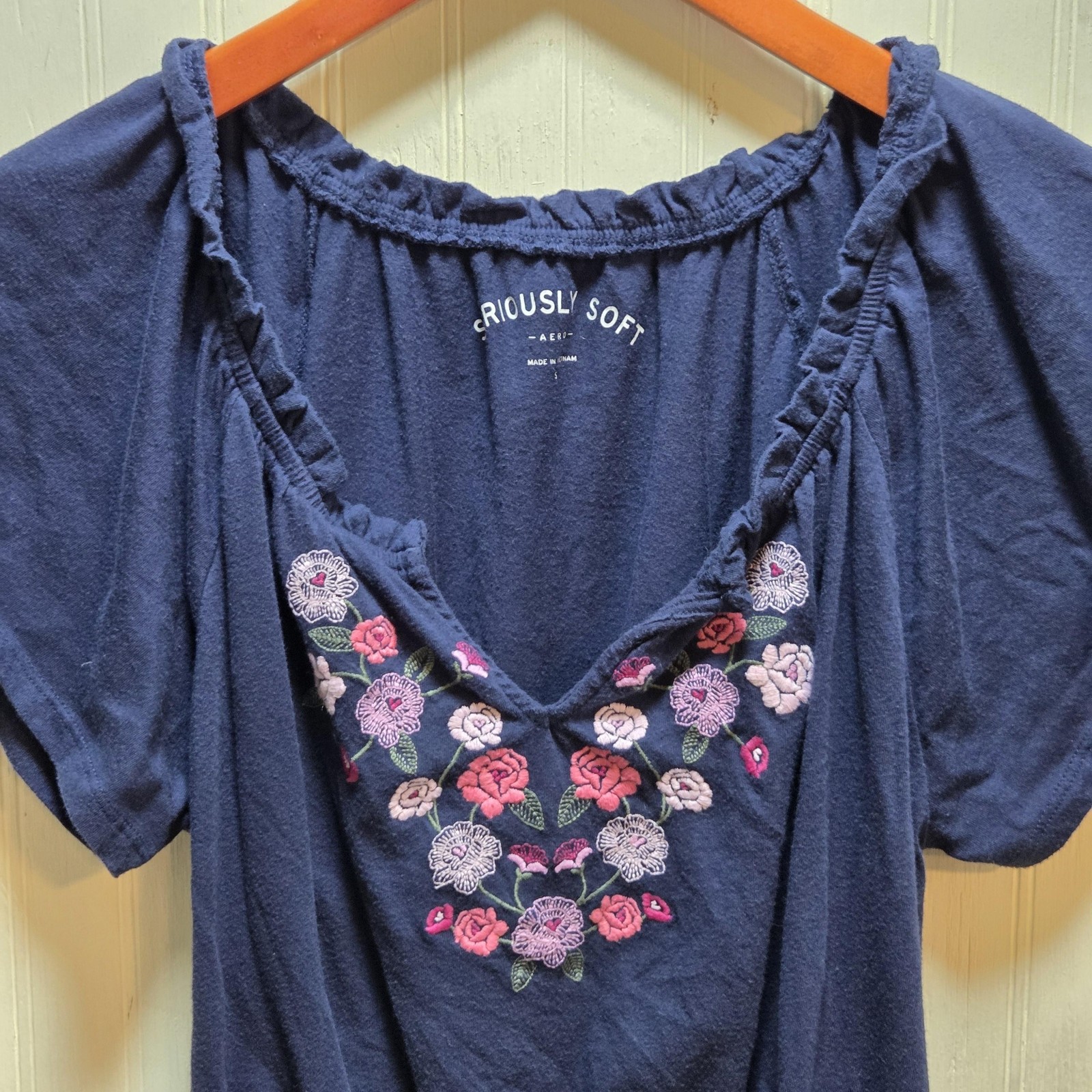 Aero Shirt Juniors Small Blue Seriously Soft Embroidered Floral Ruffle Top