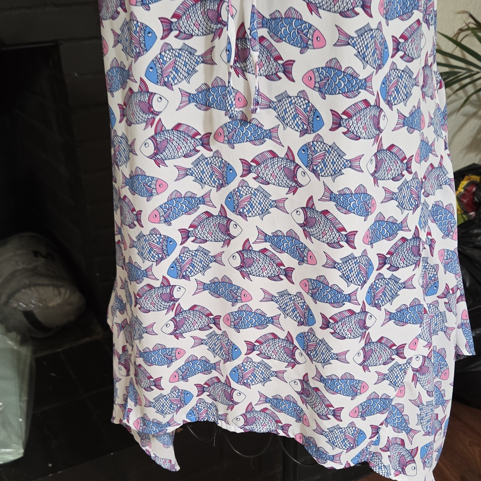 C Women’s L White Blue Pink Fish Print Tunic Round Neck Sleeveless Pullover Tie