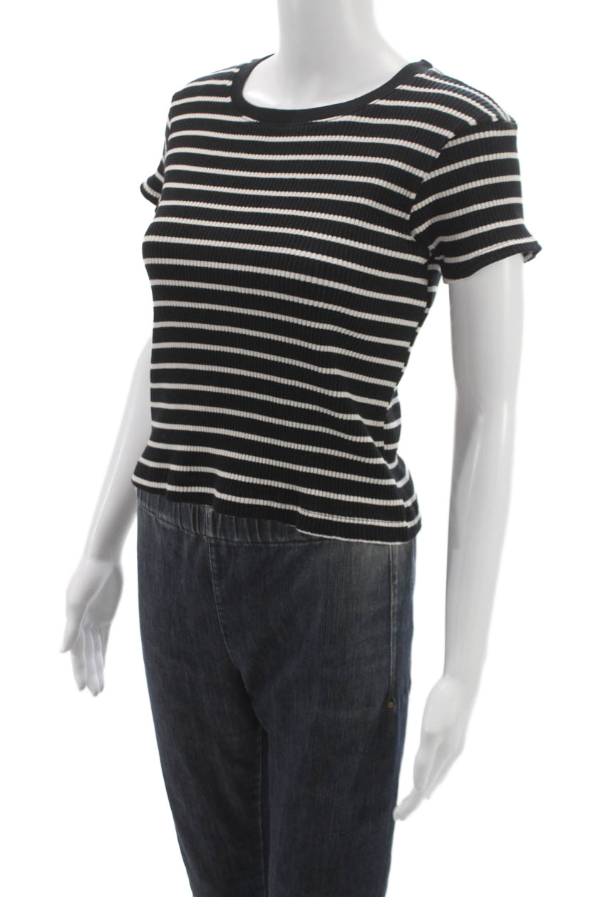 Perfect White Tee Womens Black Striped Basic Crew Short Sleeve T-Shirt Size S