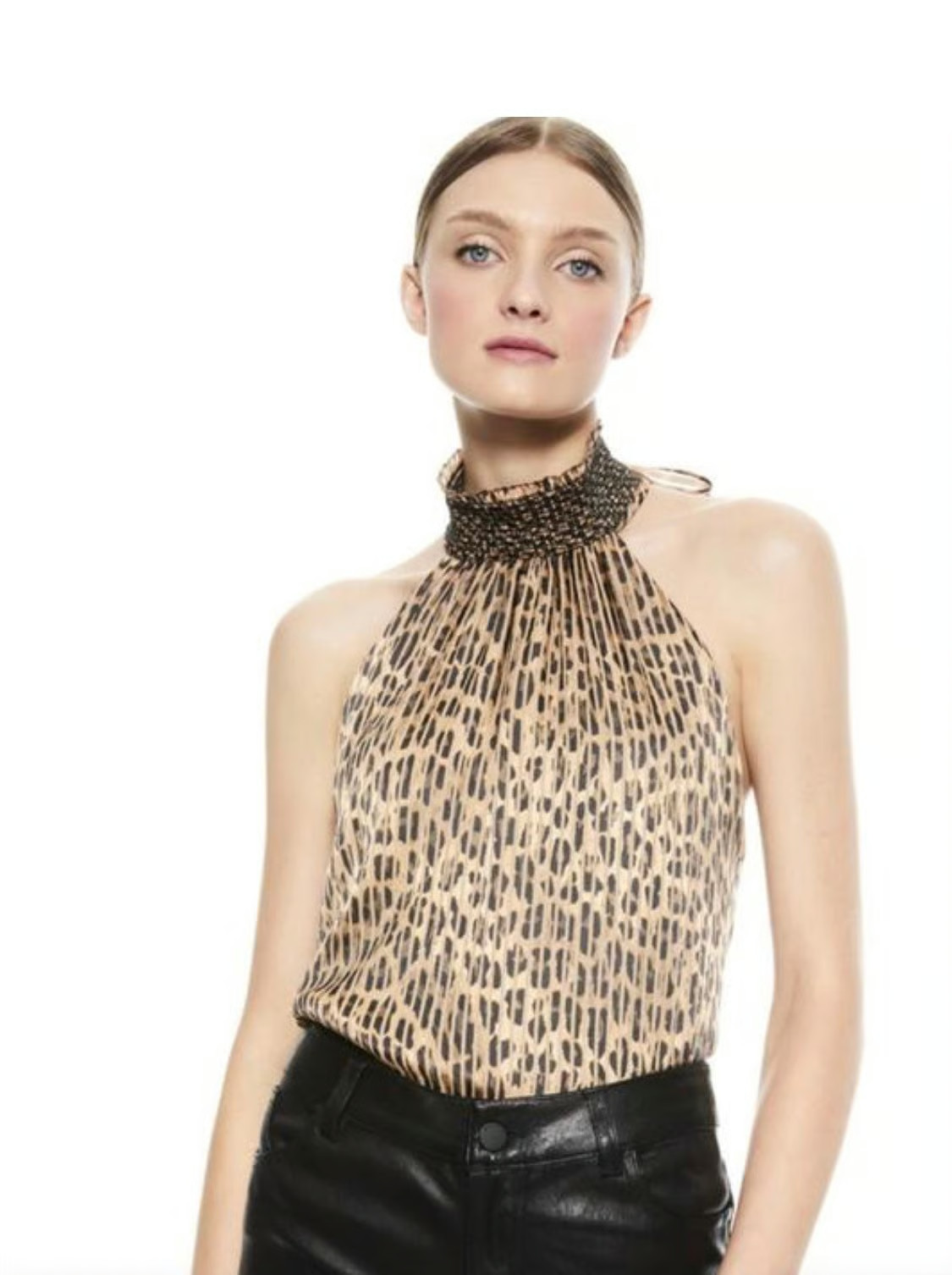 ALICE + OLIVIA $250 Almira Leopard Print Smocked Tie Neck Halter Top Size Small