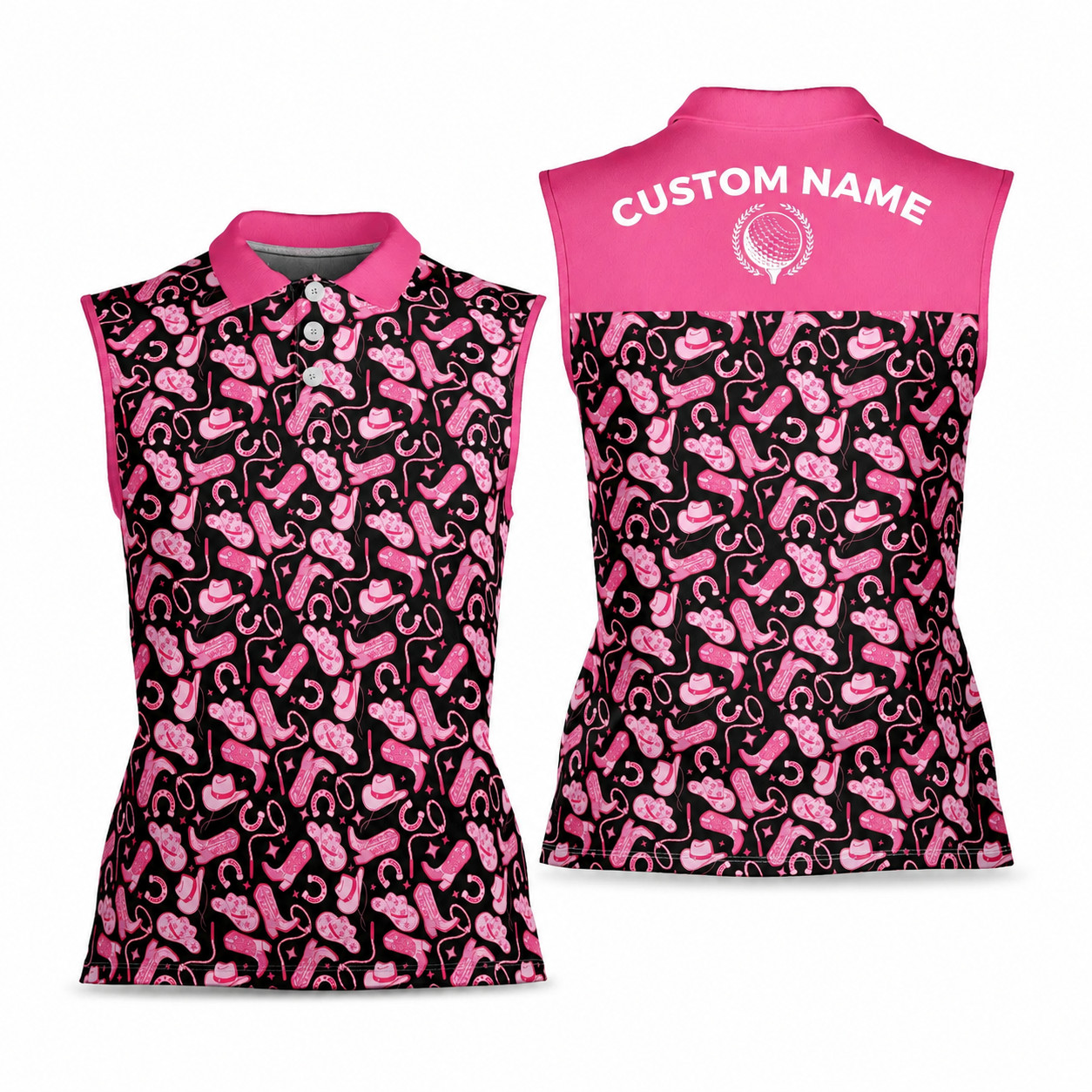 Personalized Women’s Sleeveless Golf Polo Pink Western Cowgirl Shirt
