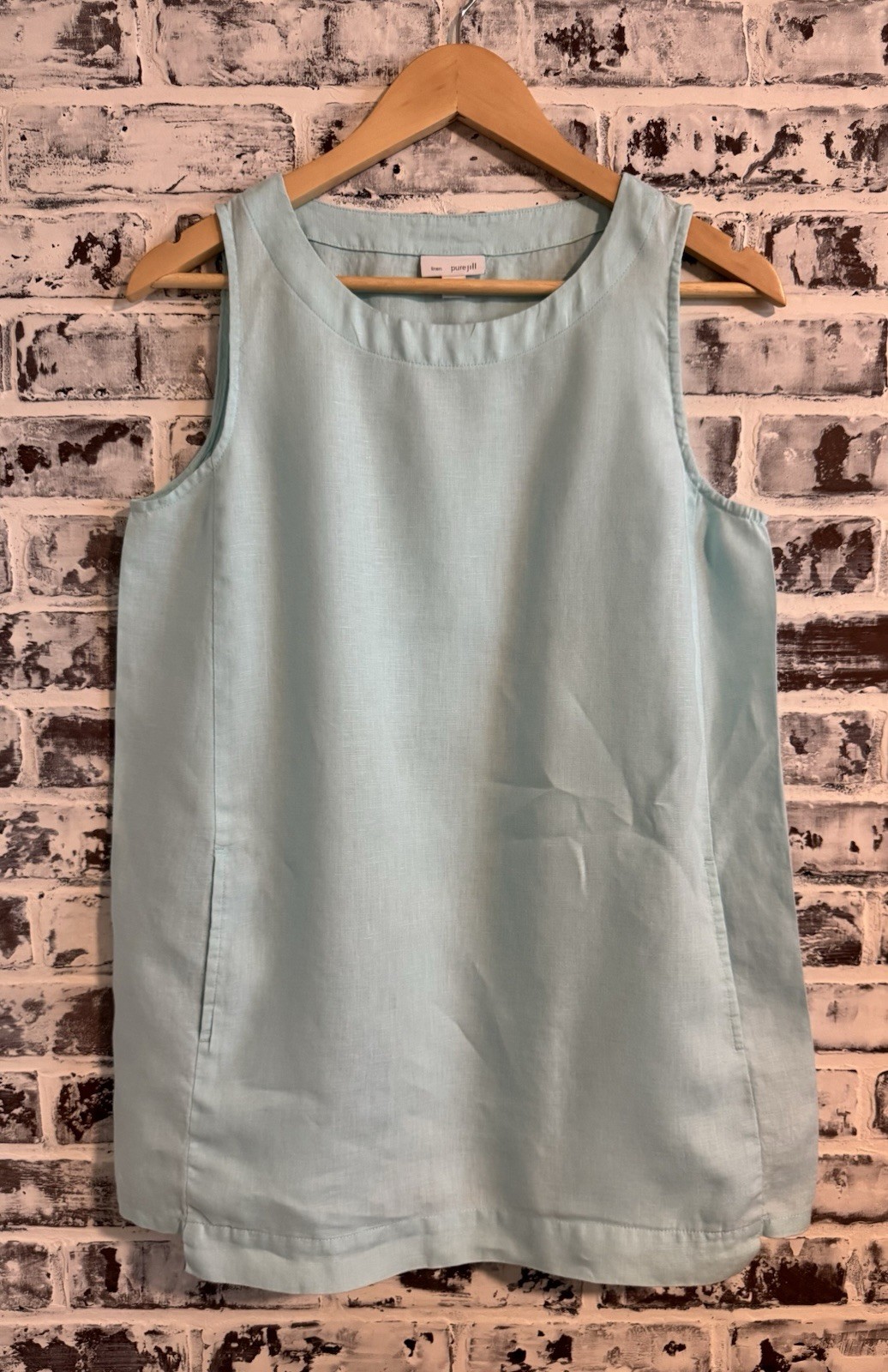 Pure Jill XS Tunic Top/Mini Dress 100% Linen Sleeveless Pockets Coastal Blue EUC
