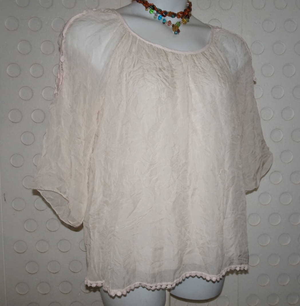 Meo Meli 16753 Silk & Crochet Lace Pale Pink Cold Shoulder Blouse Top L *