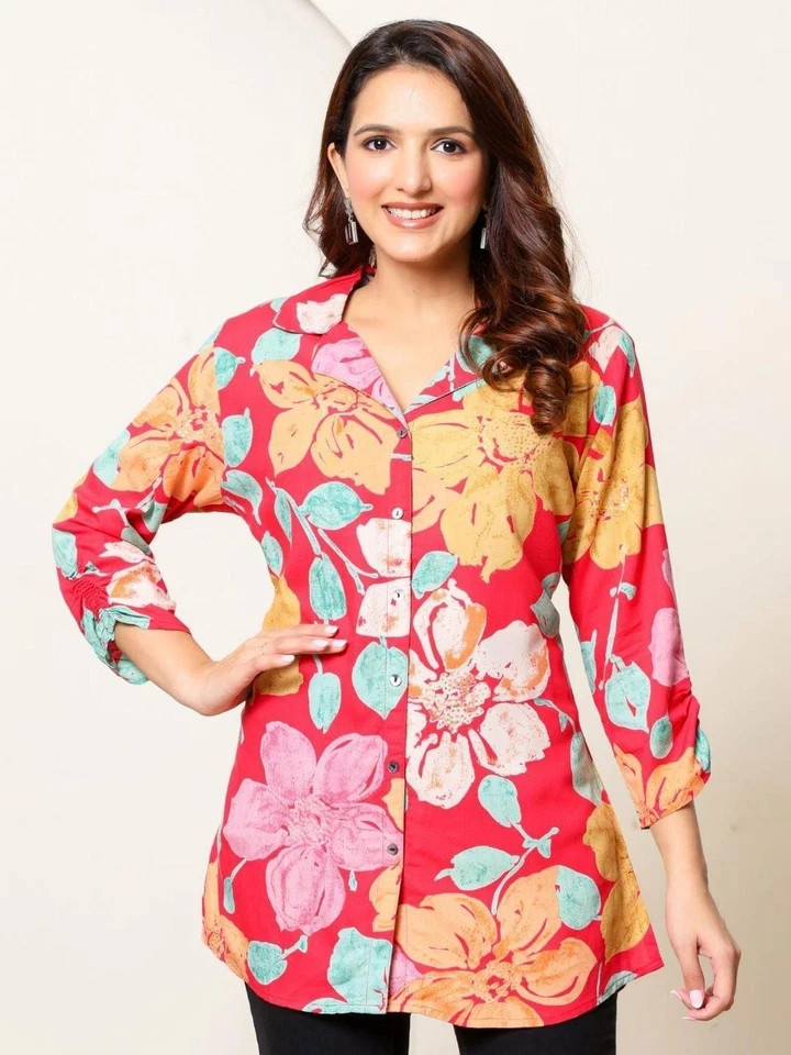 Indian Women Rayon Pink Floral Printed Top Tunic Shirt Collar Kurta Kurti Dress