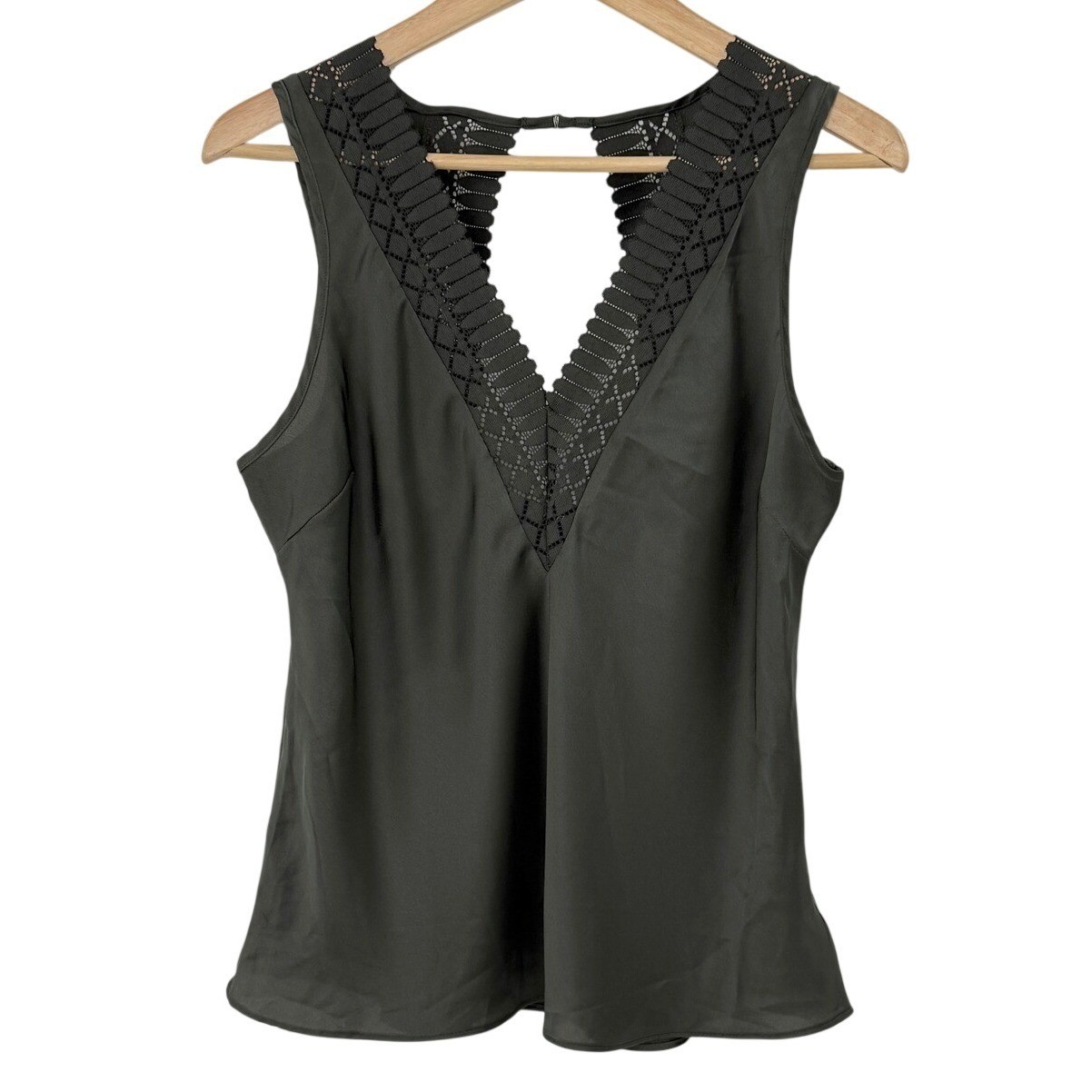 Etam Womens Sleeveless V-Neck Lace Trim Keyhole Back Blouse Dark Olive Green M