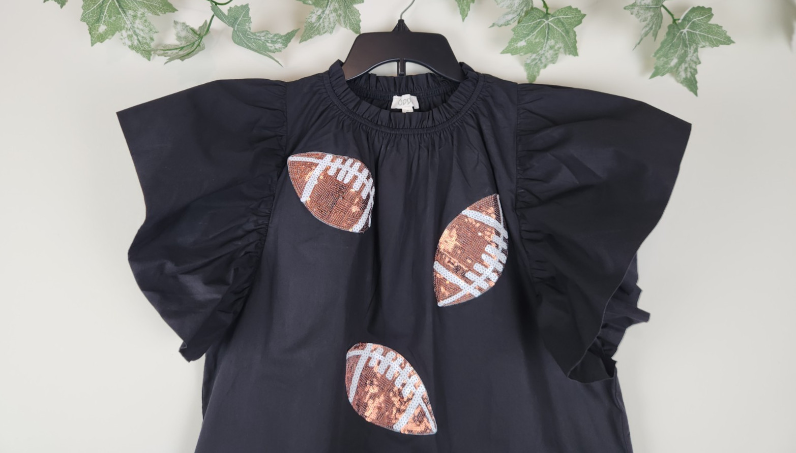 ODDY Women’s Size S Black Football Sequin Path Ruffle Sleeve Cotton Top Blouse
