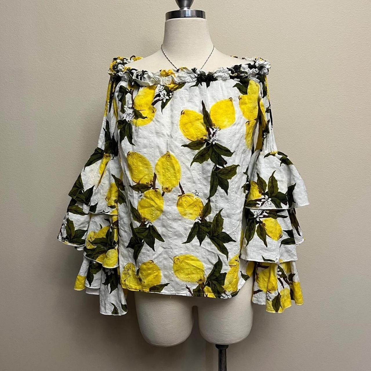 JJ’s Fairyland Lemon Off the Shoulder Top with tiered Ruffle Sleeves Size M
