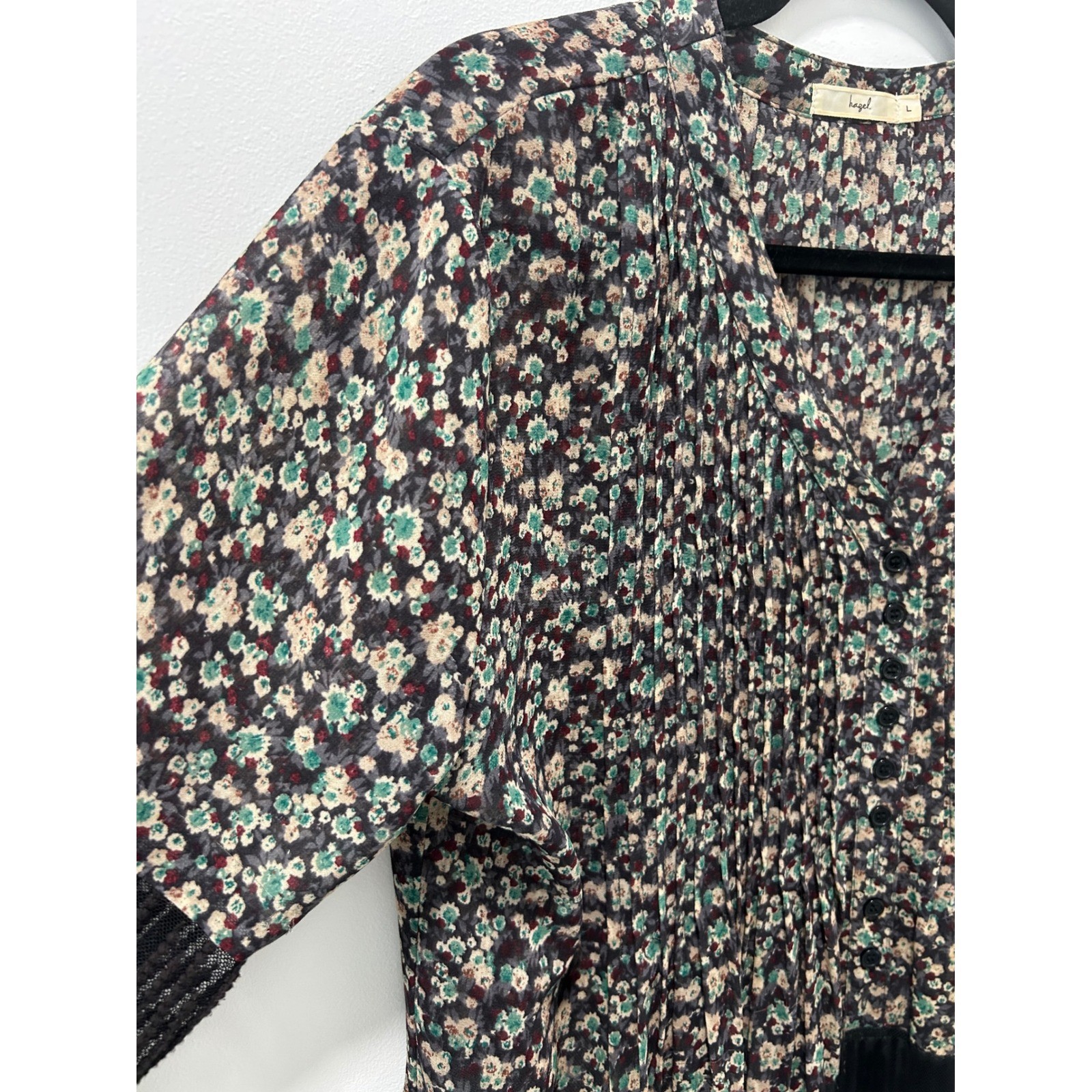 Hazel Floral Pleated Lace Trim Blouse Black Multi Bell Sleeve H33103 Womens L
