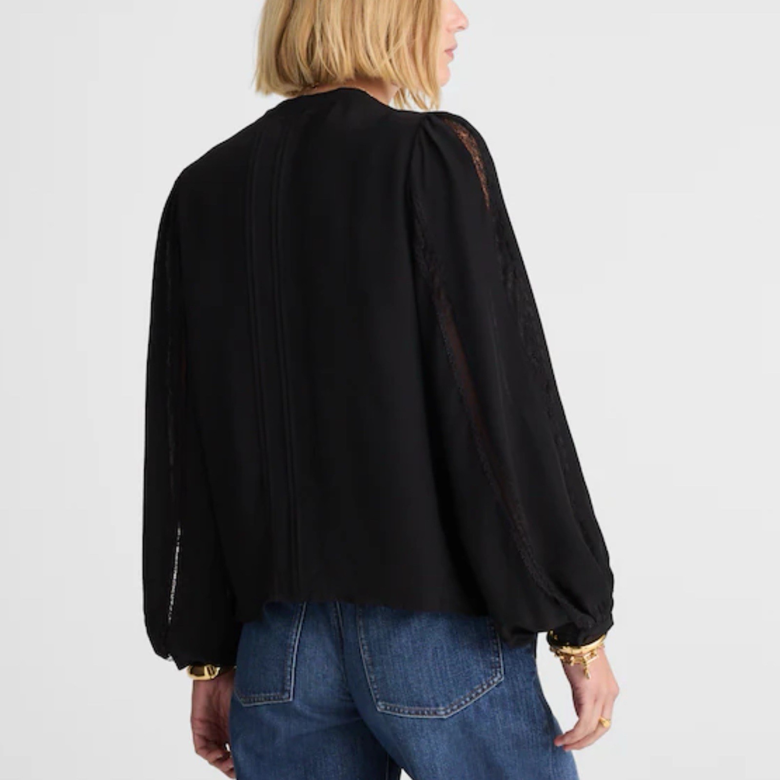 Madewell Lace-Insert Button-Up Long Sleeve Top Black Women Size Small NY338 New