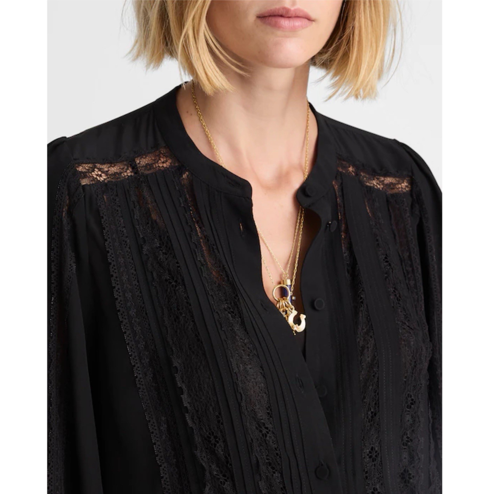 Madewell Lace-Insert Button-Up Long Sleeve Top Black Women Size Small NY338 New