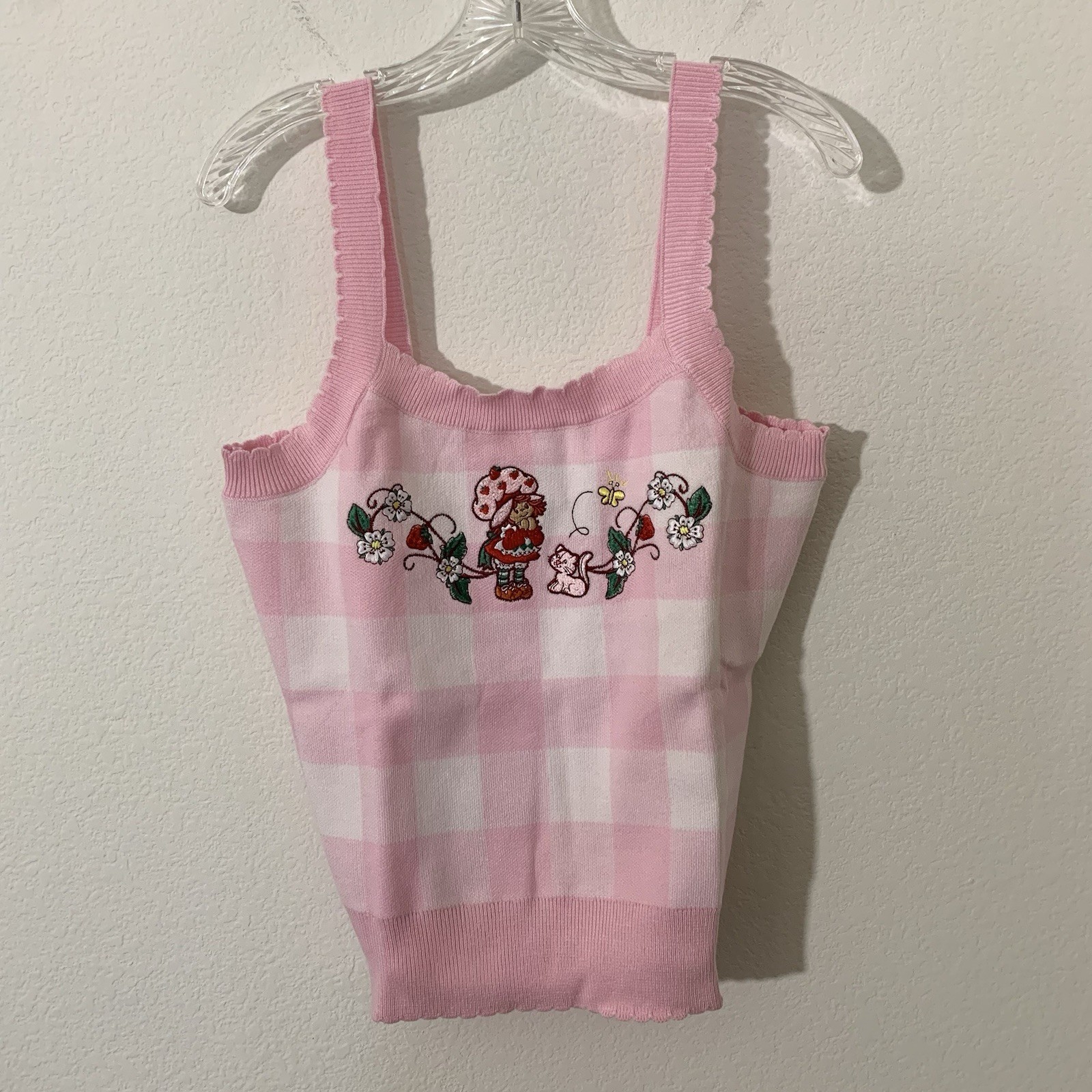Strawberry Shortcake Box Lunch Women’s Knit Tank L Pink Gingham Embroidered New