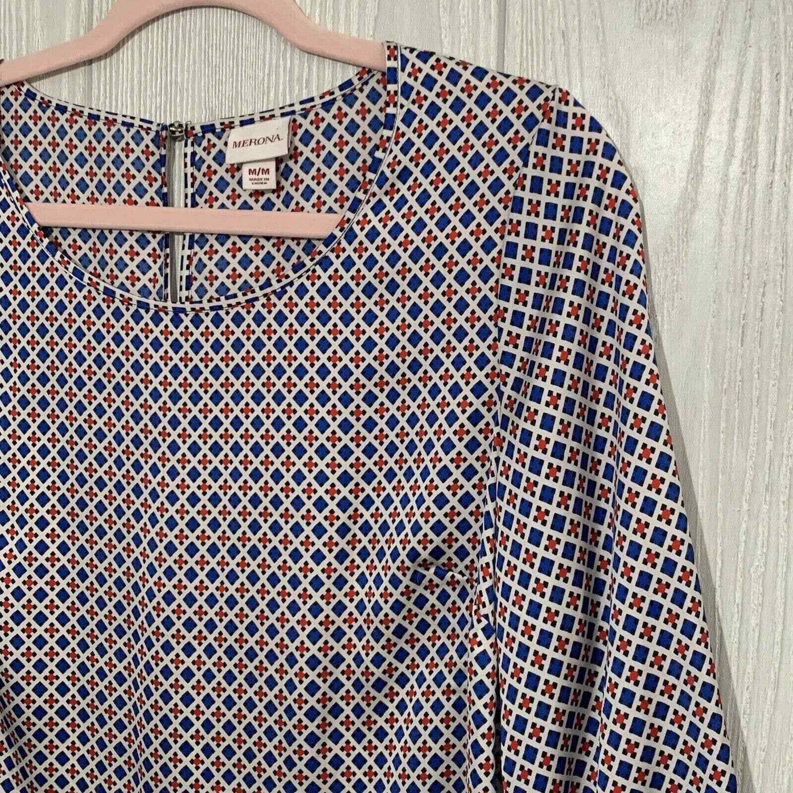 Merona Blue Red Blouse Long Sleeve Medium NWT