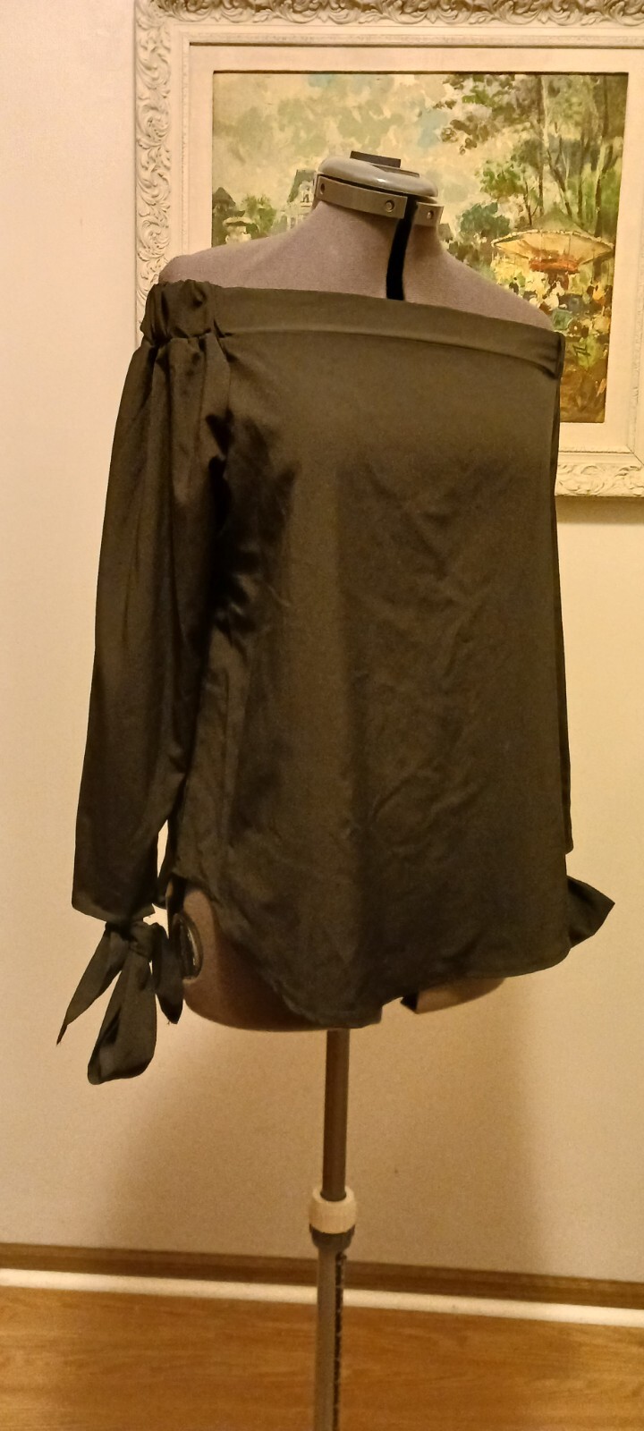 Womens off the shoulder black top blouse with tie cuffs S