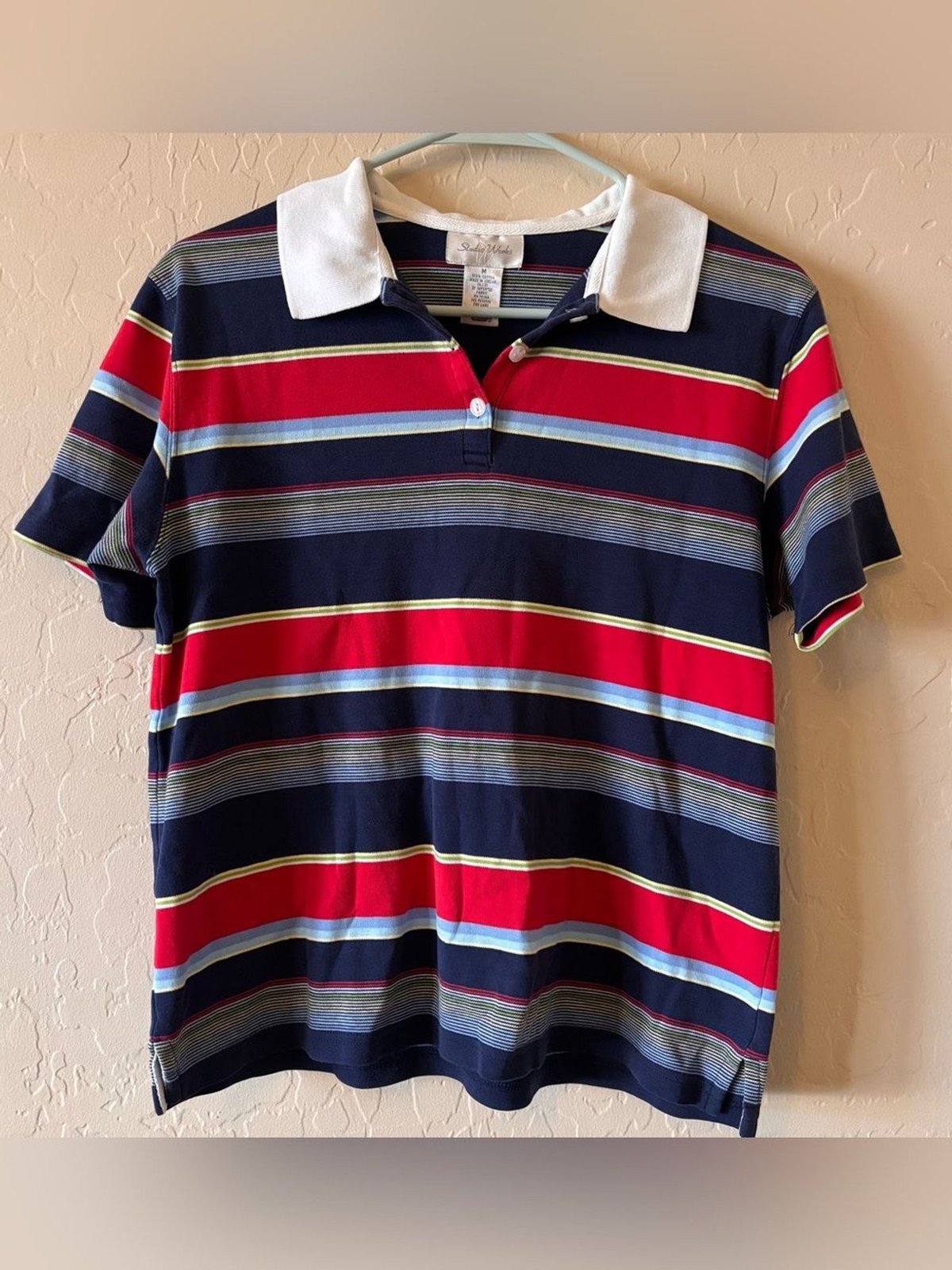 Studio Works Striped Polo Tee Medium 90s Y2K Cute Basic Medium
