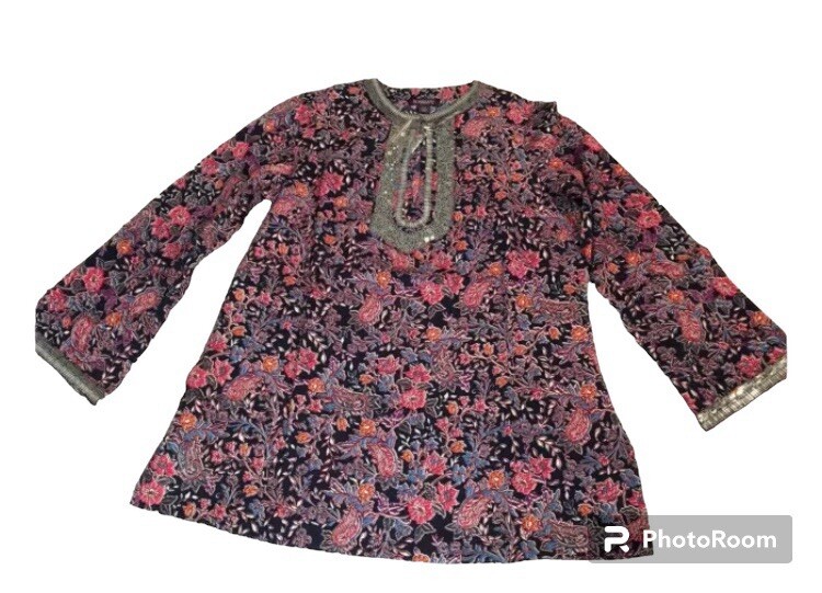 Roaman’s Shirt Women’s 12W Floral Beaded Neck & Cuff Peasant Style Blouse