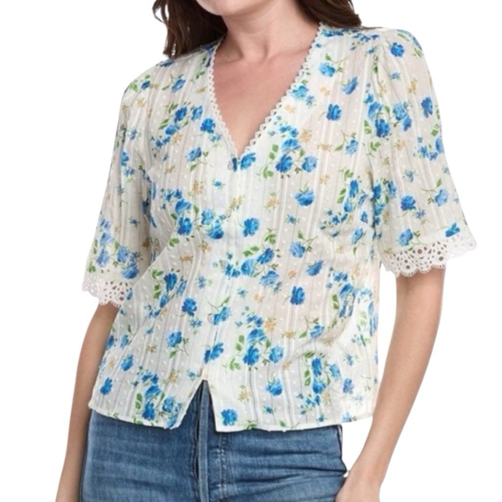 Nanette Lepore White/Blue/Green Floral Cotton V-Neck Lace Button Blouse