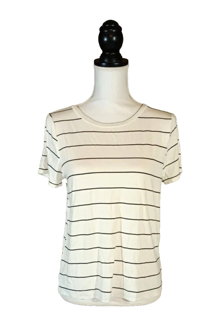 Green Envelope Top Womens S Ivory Black Striped Round Neck Shirt Short Sleeve