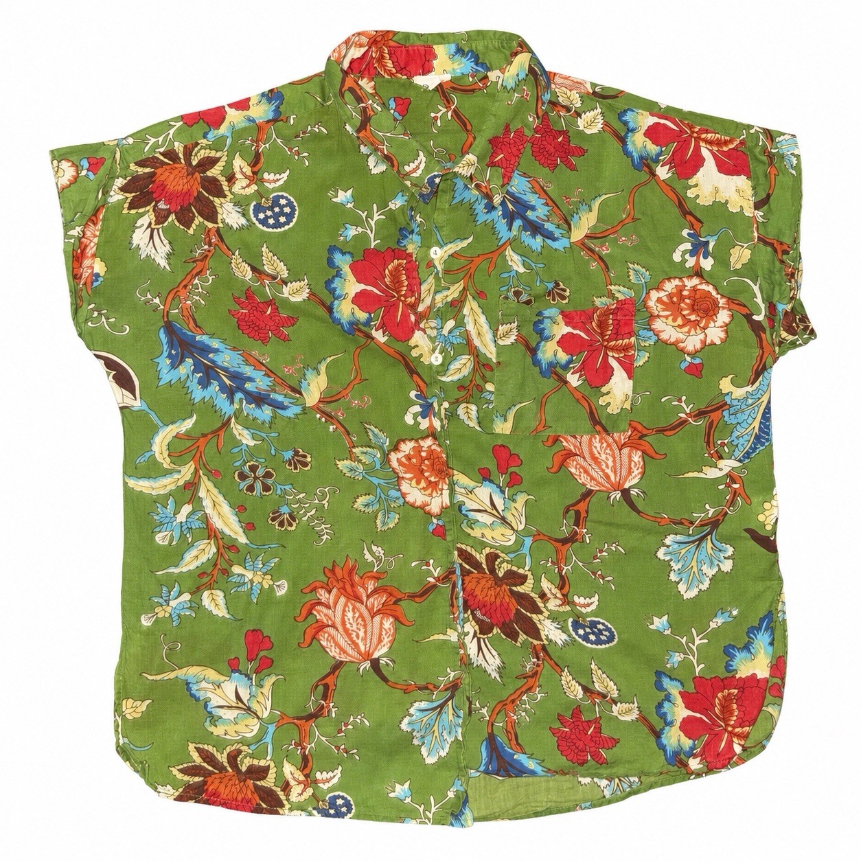 En Crème Botanical Floral Button Down Shirt M Green 100% Cotton Boho