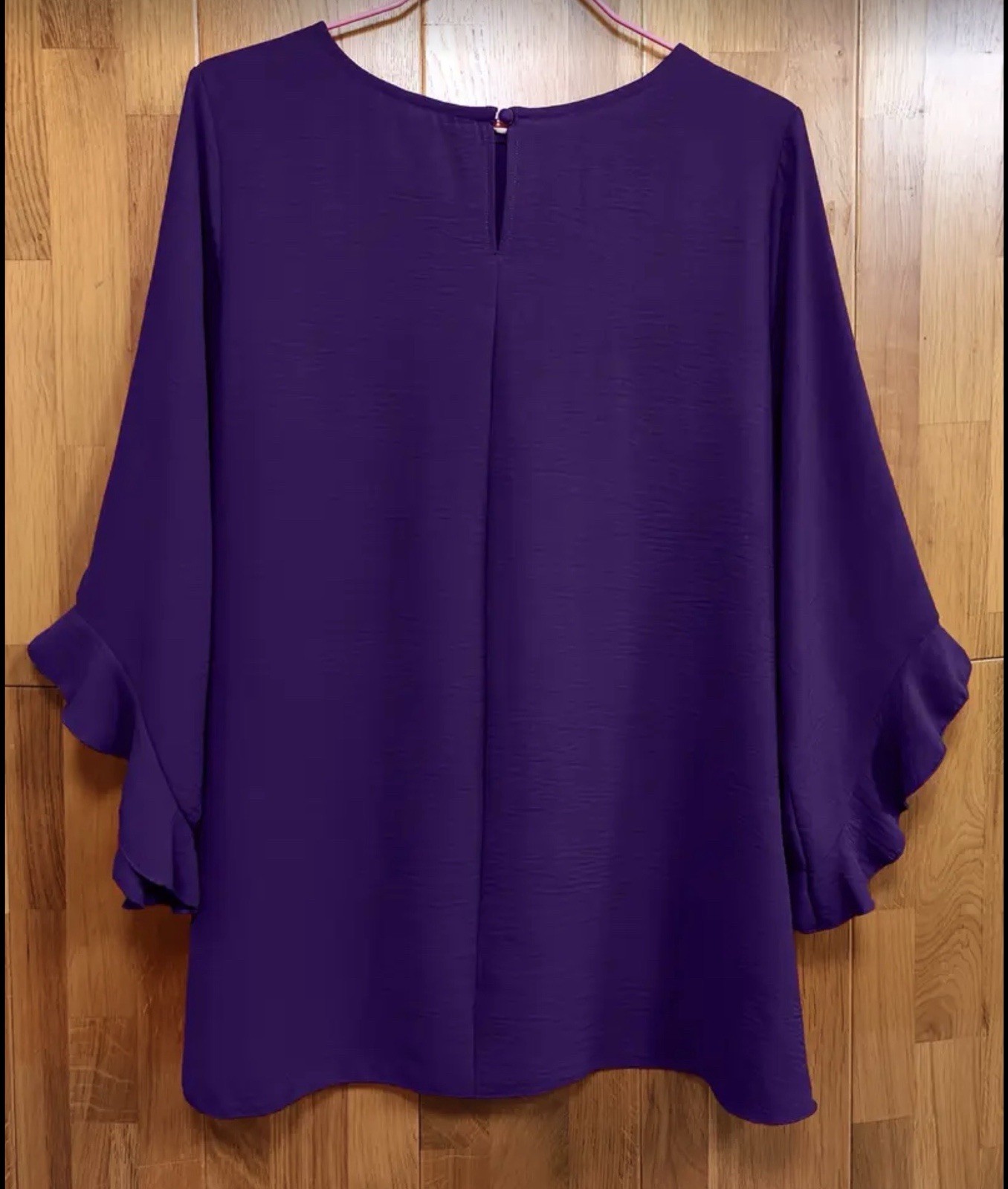 Womens Purple Solid Chiffon Tunic Blouse, Ruffle 3/4 Sleeve, Plus 3XL